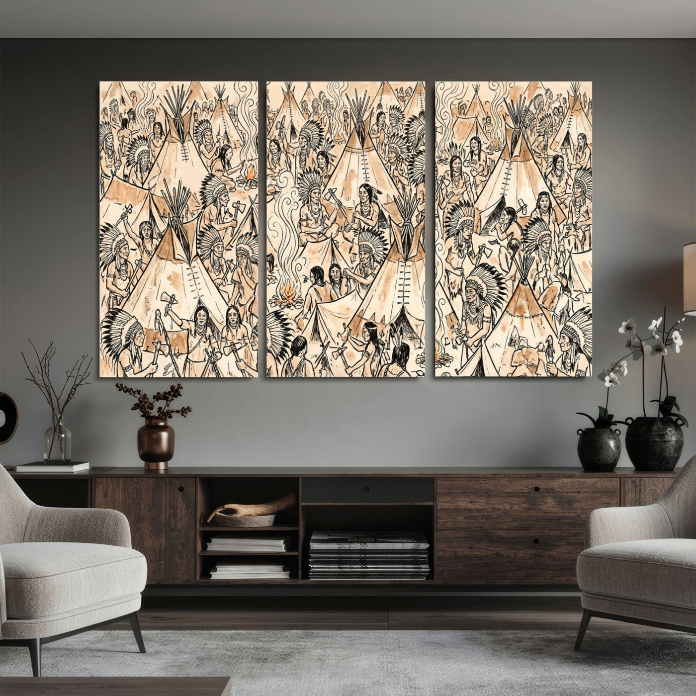 72739176-MGV-CV-36X24 - Farmhouse Animals Wall Art Canvas Print - Abstract Farm Animal Drawing Mid-Century Wall Art for Cabin Decor