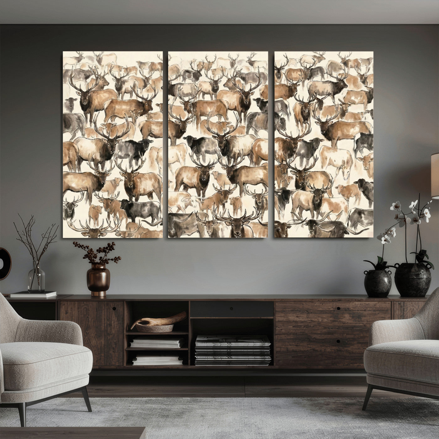 24374881-MGV-CV-36X24 - Farmhouse Animals Wall Art Canvas Print - Abstract Farm Animal Drawing Mid-Century Wall Art for Cabin Decor