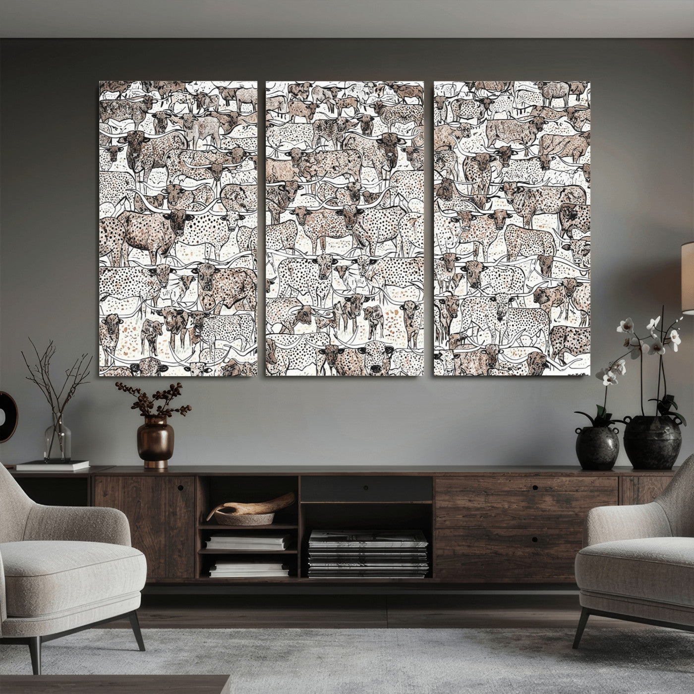 49200255-MGV-CV-36X24 - Farmhouse Animals Wall Art Canvas Print - Abstract Farm Animal Drawing Mid-Century Wall Art for Cabin Decor