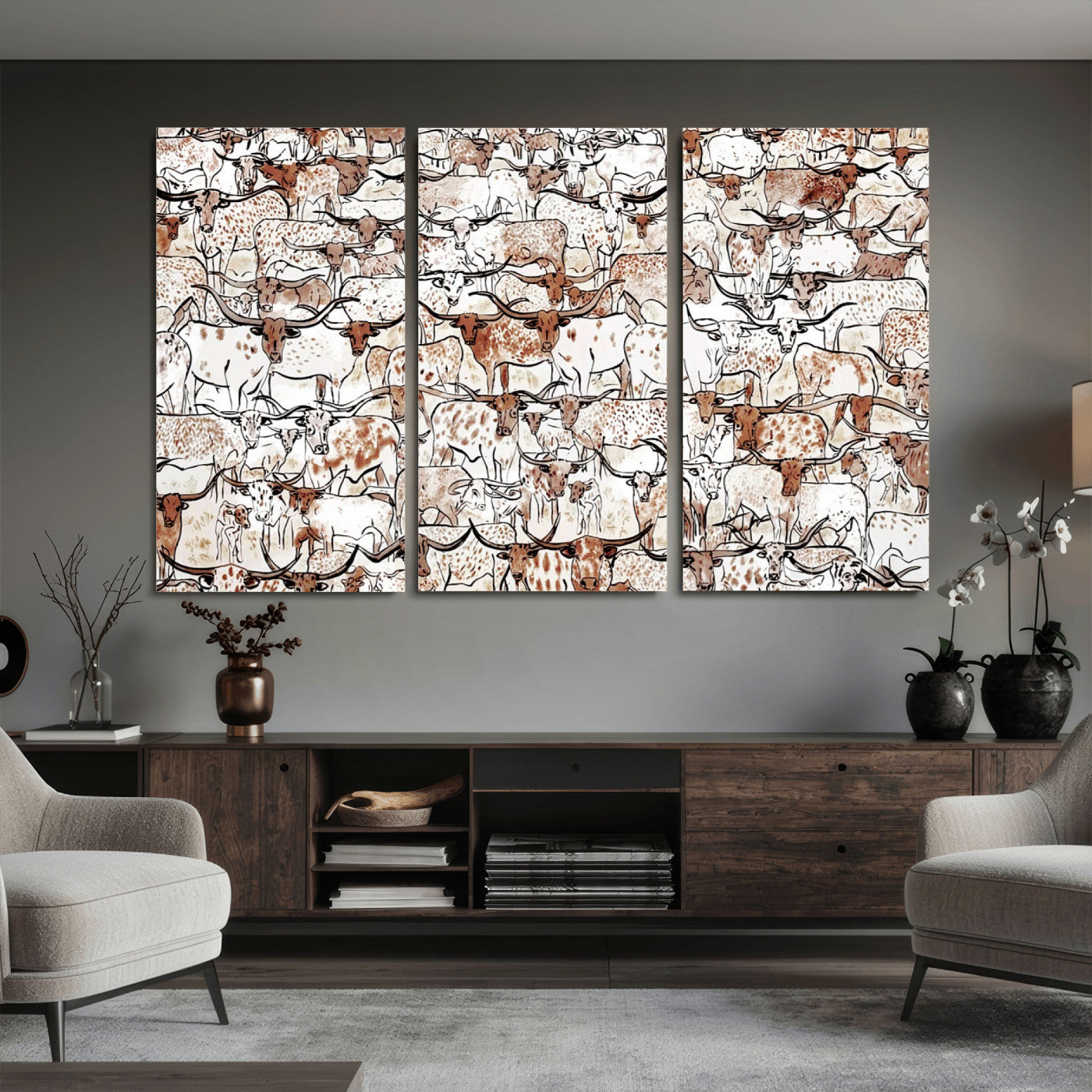 71869761-MGV-CV-36X24 - Farmhouse Animals Wall Art Canvas Print - Abstract Farm Animal Drawing Mid-Century Wall Art for Cabin Decor