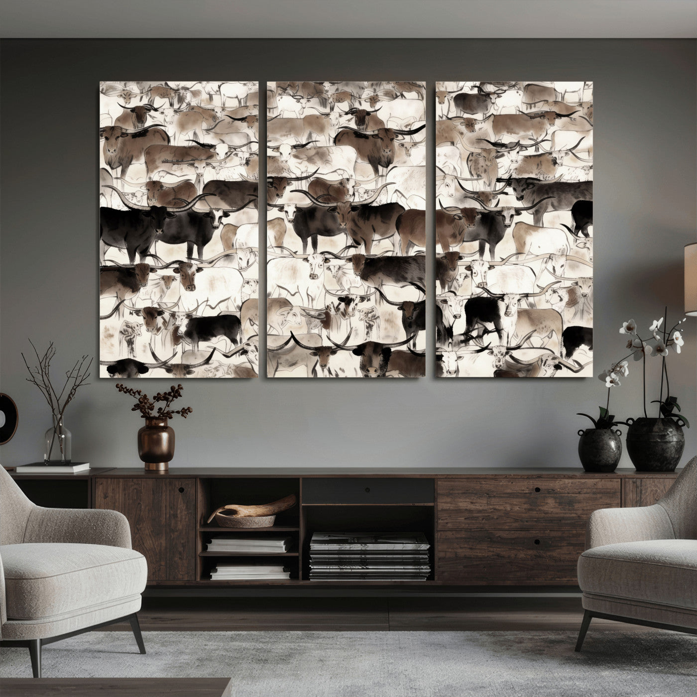 46084312-MGV-CV-36X24 - Farmhouse Animals Wall Art Canvas Print - Abstract Farm Animal Drawing Mid-Century Wall Art for Cabin Decor