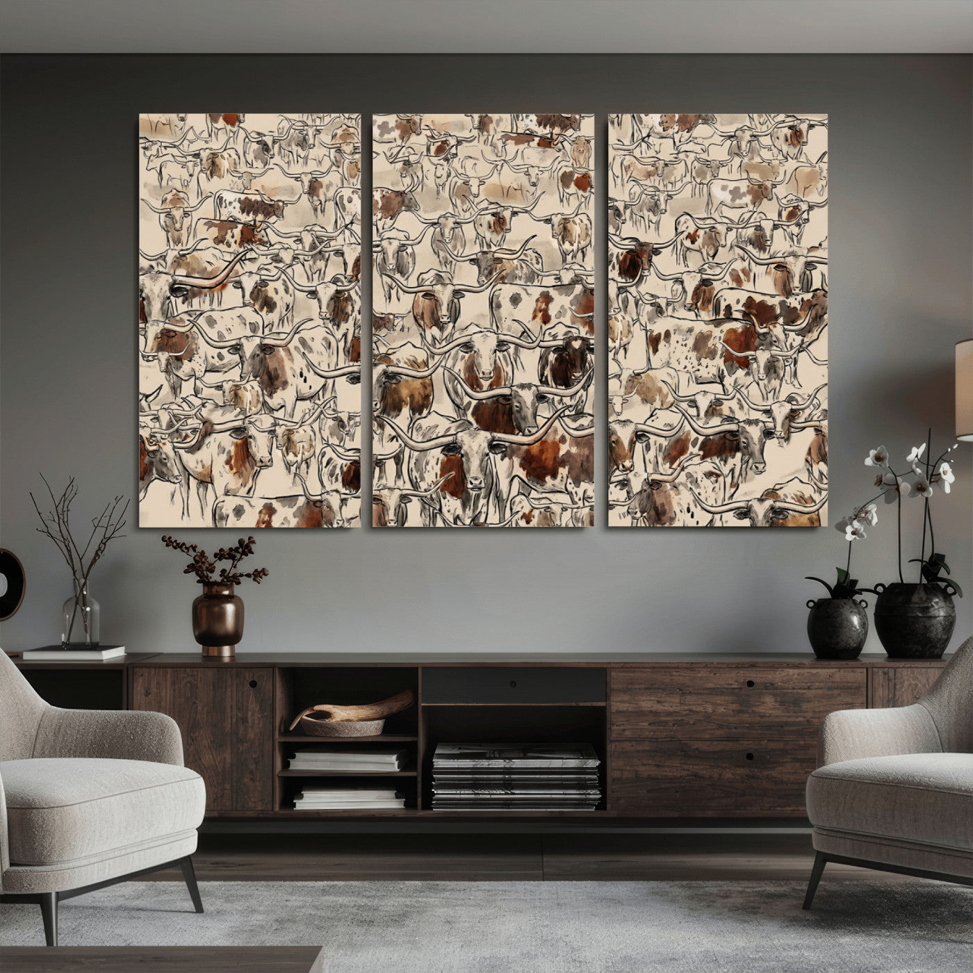 94808502-MGV-CV-36X24 - Farmhouse Animals Wall Art Canvas Print - Abstract Farm Animal Drawing Mid-Century Wall Art for Cabin Decor