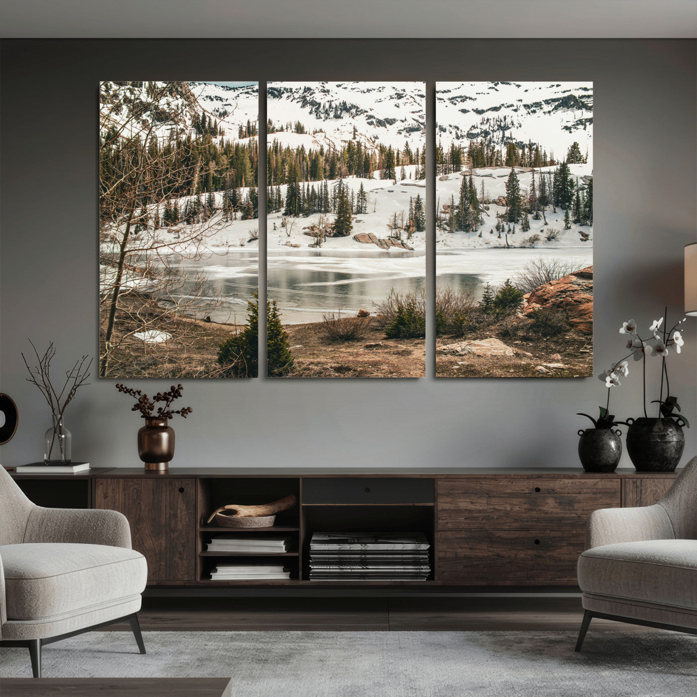 10336249-MGV-CV-36X24 - Snowy Mountain Landscape Wall Art Canvas Print, Alpine Pine Forest Winter Nature Wall Decor for Living Room and Office