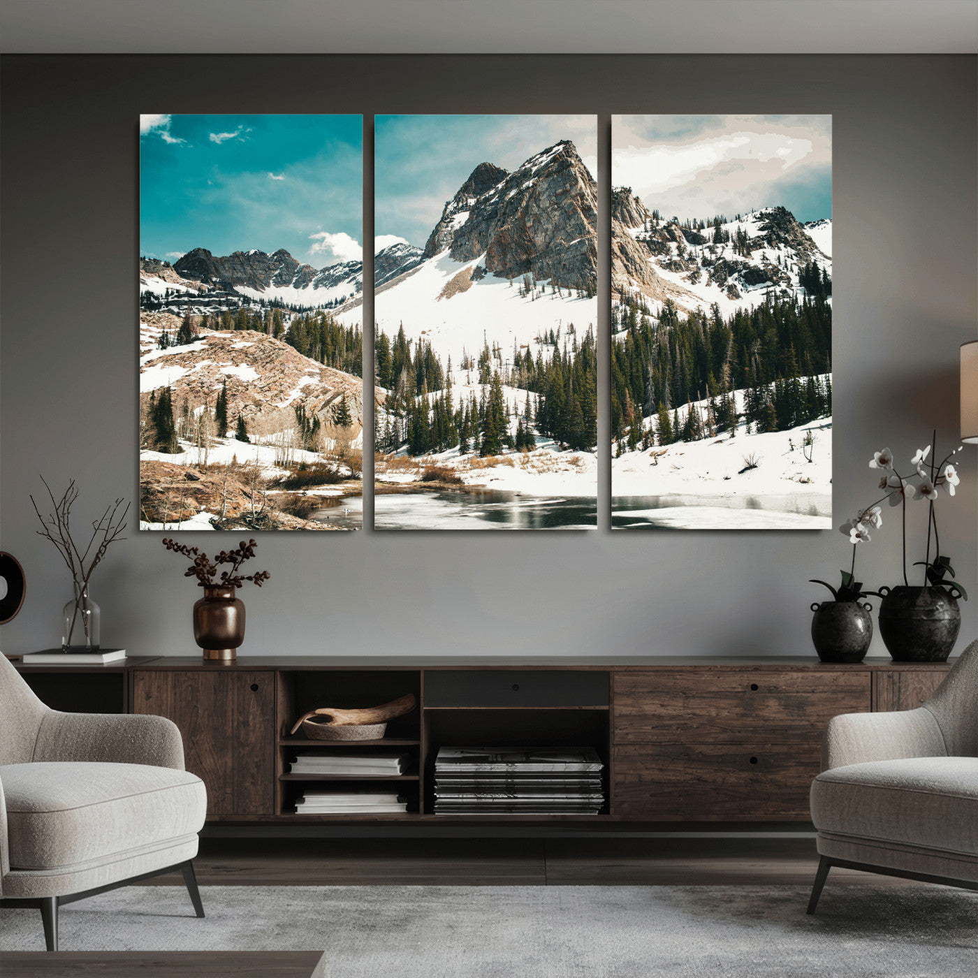 56837070-MGV-CV-36X24 - Snowy Mountain Landscape Wall Art Canvas Print, Alpine Pine Forest Winter Nature Wall Decor for Living Room and Office