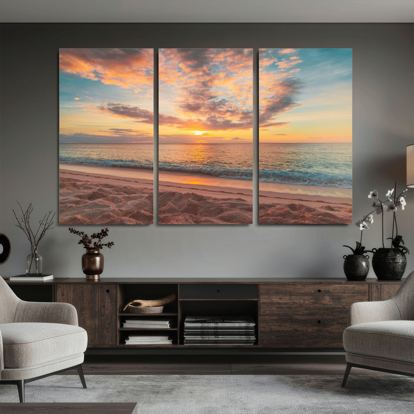 47151409-MGV-CV-36X24 - Sunset Beach Walk Wall Art Canvas Print – Soft Coastal Photography Artwork Print for Bedroom, Living Room, and Serene Home Decor