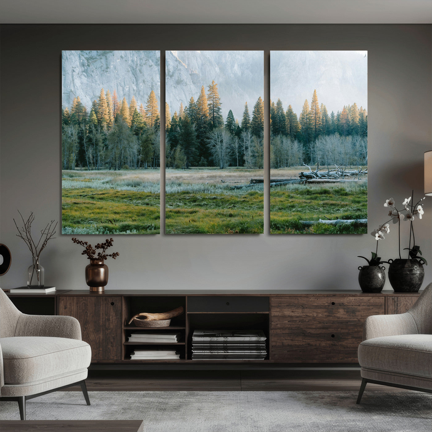 95548744-MGV-CV-36X24 - Forest Meadow Wall Art Canvas Print, Pine Tree Landscape Nature Artwork, Mountain Valley Scenic Photography, Calm Wilderness Wall Decor