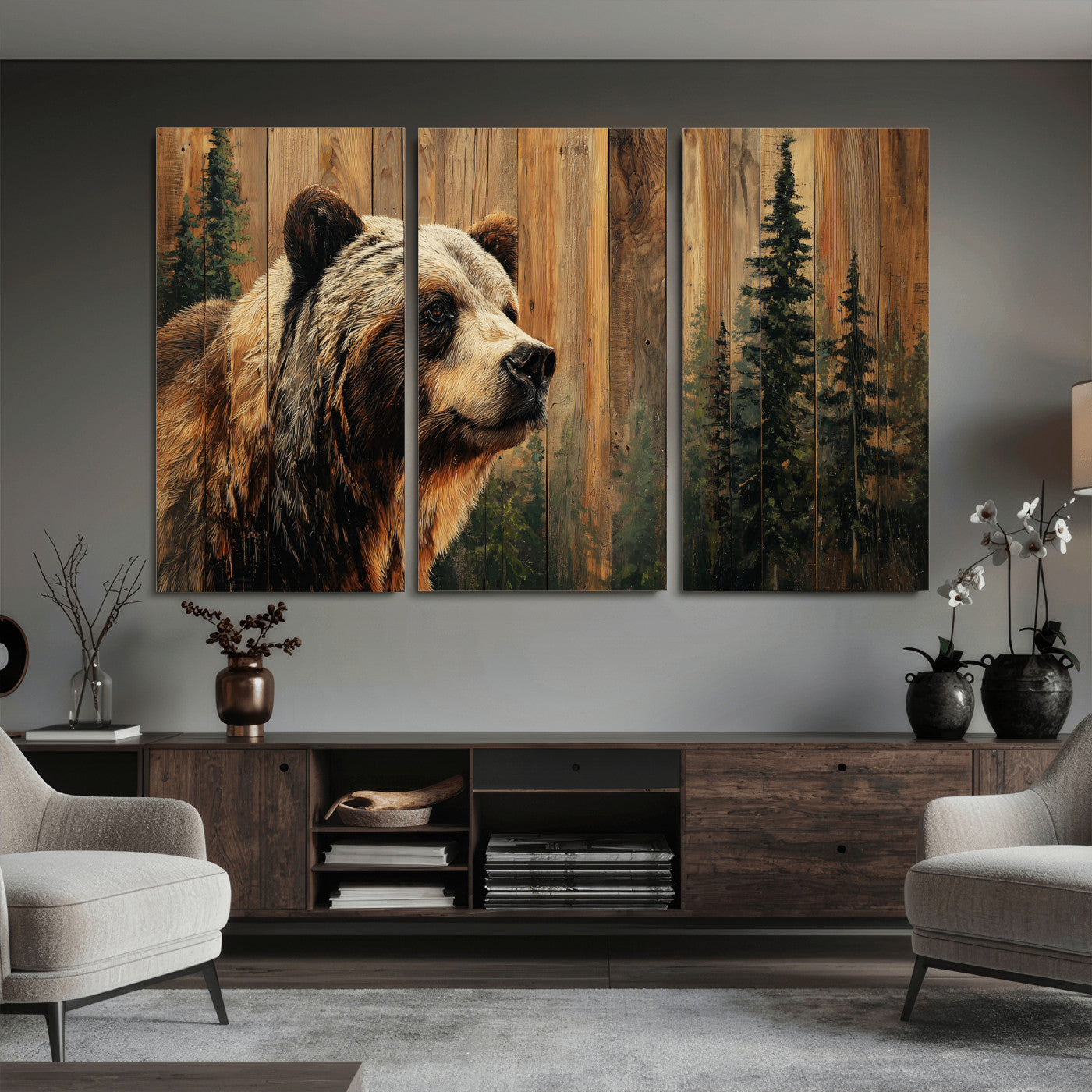 75645180-MGV-CV-36X24 - Grizzly Bear Wall Art Canvas Print, Rustic Wildlife Bear Artwork, Forest Animal Painting, Cabin Lodge Nature Wall Decor