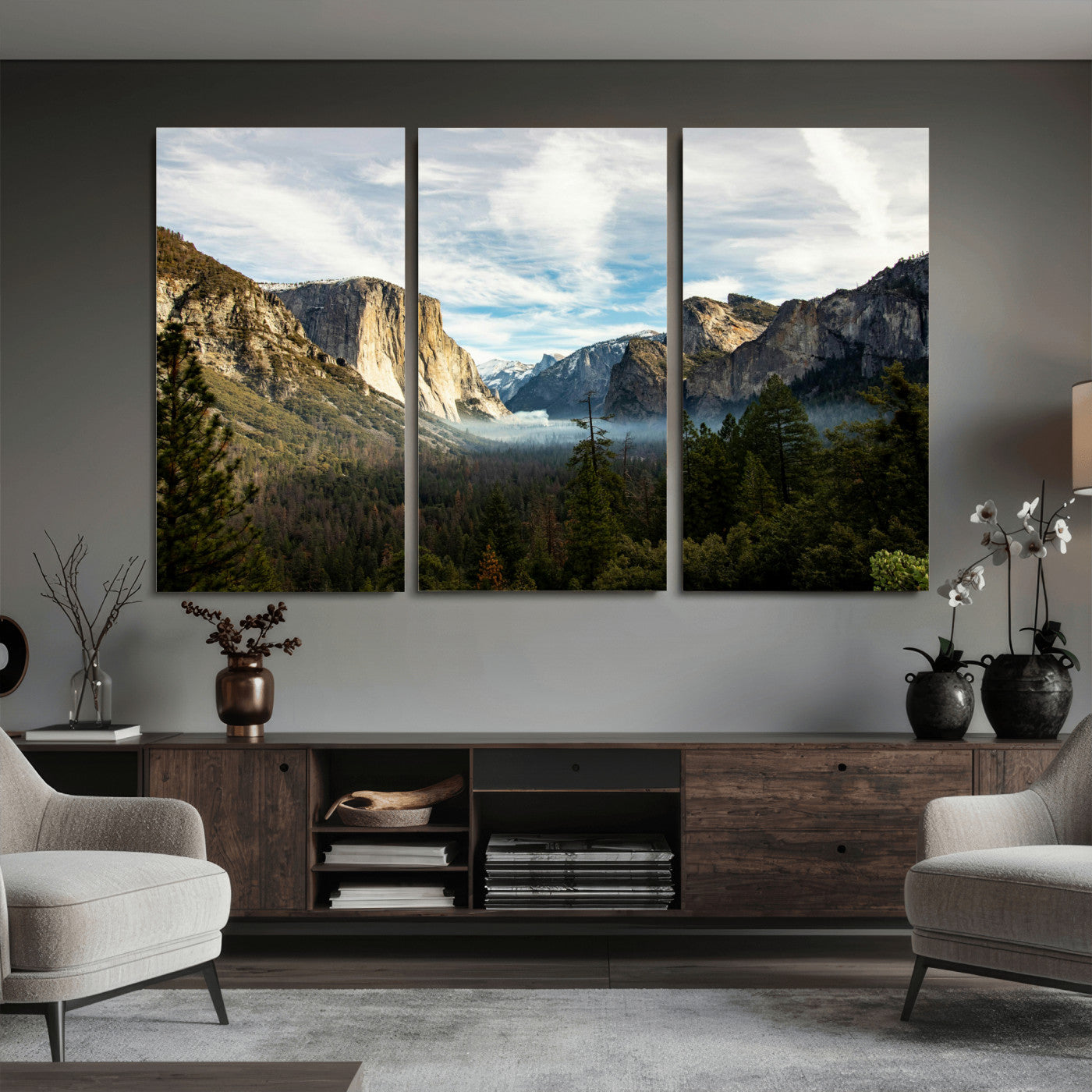 15089394-MGV-CV-36X24 - Yosemite Valley Mountain Landscape Wall Art Canvas Print, Granite Cliff Forest Valley Canvas Print, California National Park Scenic Art Printing