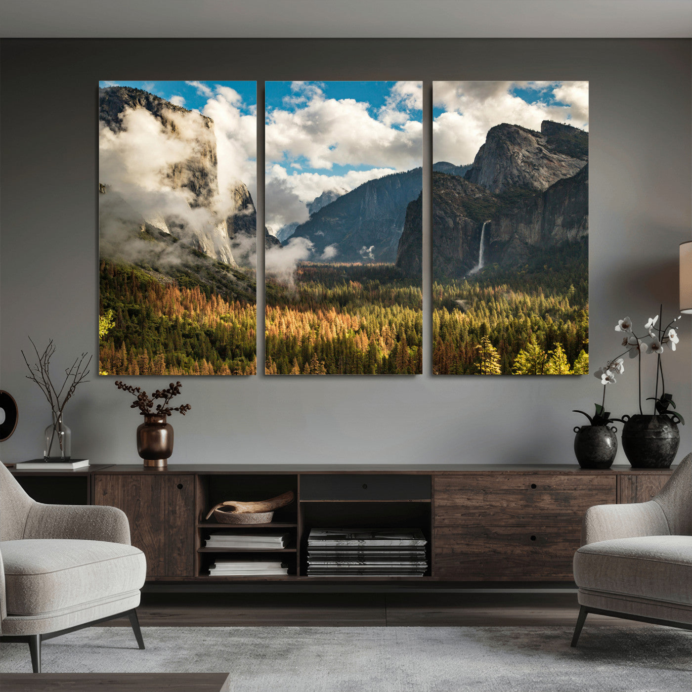 18271001-MGV-CV-36X24 - Yosemite Valley River Landscape Wall Art Canvas Print, Granite Cliffs Forest River Canvas Print, California National Park Moody Scenic Art Printi