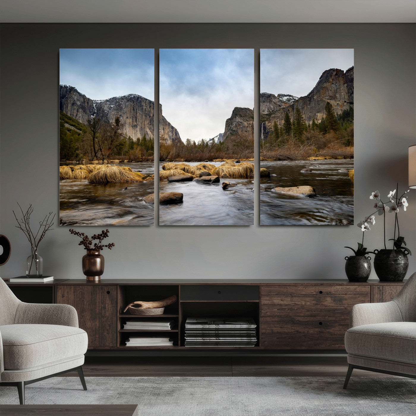 20458404-MGV-CV-36X24 - Yosemite Valley Mountain Landscape Wall Art Canvas Print, Granite Cliff Forest Valley Canvas Print, California National Park Scenic Art Printing