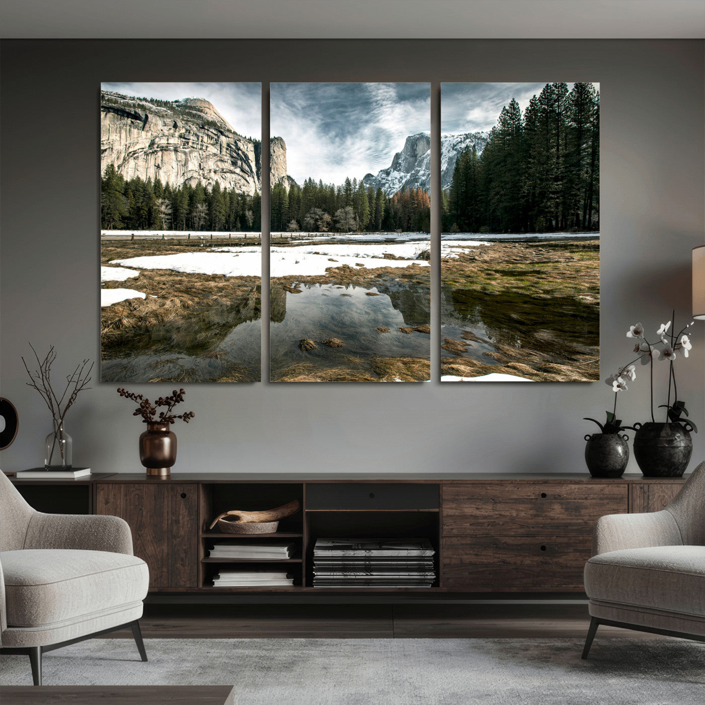 14527348-MGV-CV-36X24 - Yosemite Valley Mountain Landscape Wall Art Canvas Print, Granite Cliff Forest Valley Canvas Print, California National Park Scenic Art Printing
