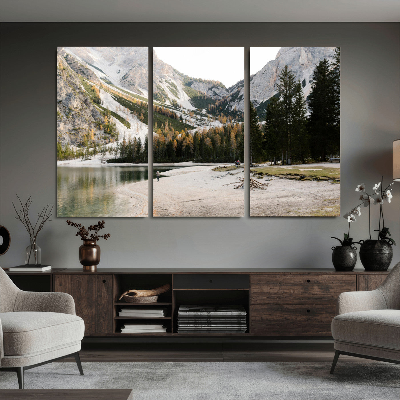 89246758-MGV-CV-36X24 - Lake Braies Alpine Landscape Wall Art Canvas Print, Dolomites Mountain Lake Forest Canvas Print, Italian Alps Scenic Nature Art Printing