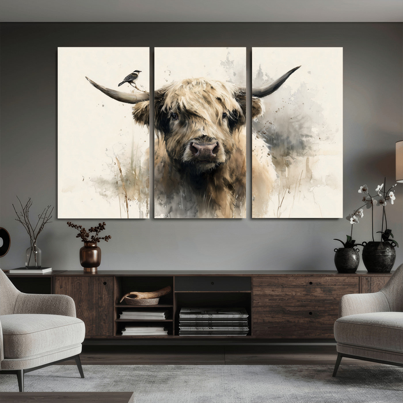 98249290-MGV-CV-36X24 - Abstract Highland Cow Watercolor Animal Wall Art Canvas Print, Rustic Farm Cattle Portrait Canvas Print, Neutral Wildlife Farmhouse Art Printing
