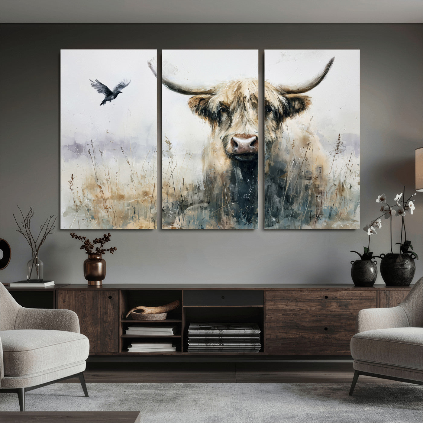 55652651-MGV-CV-36X24 - Abstract Highland Cow Watercolor Animal Wall Art Canvas Print, Rustic Farm Cattle Portrait Canvas Print, Neutral Wildlife Farmhouse Art Printing