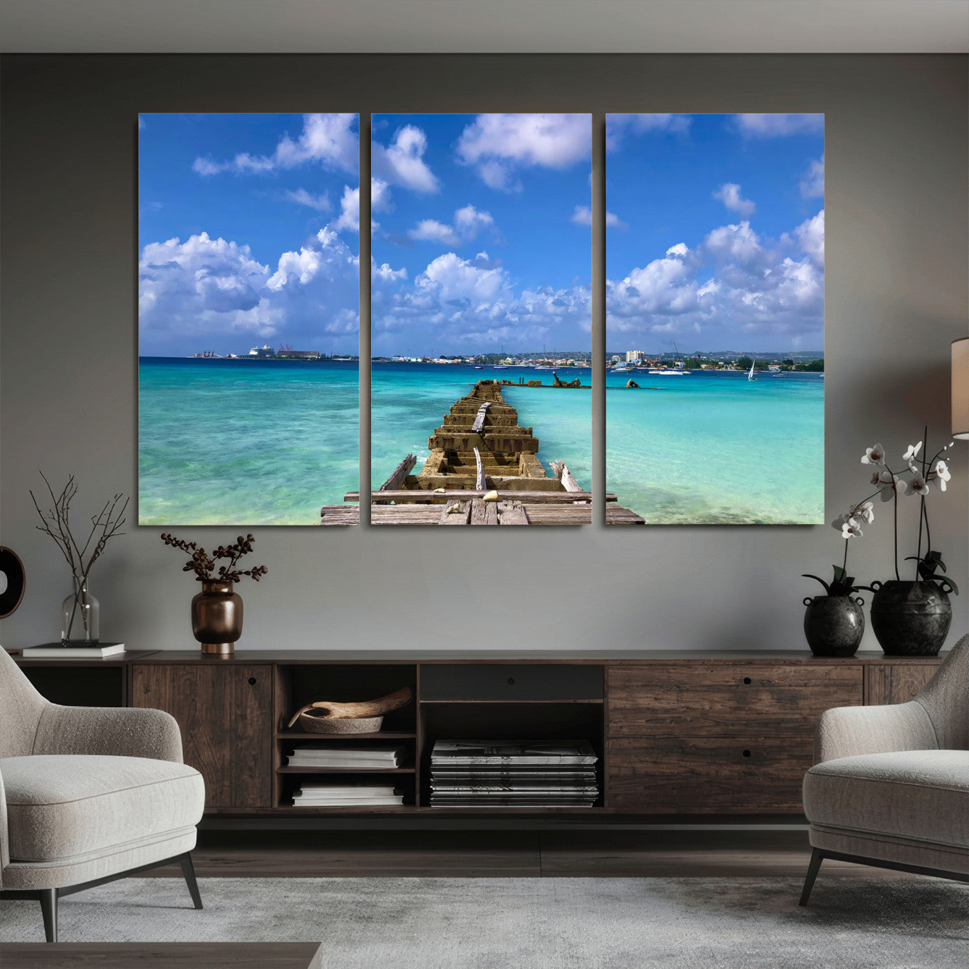 43165024-MGV-CV-36X24 - Caribbean Ocean Pier Seascape Wall Art Canvas Print, Turquoise Sea Tropical Harbor Canvas Print, Island Coastal Blue Water Scenic Art Printing