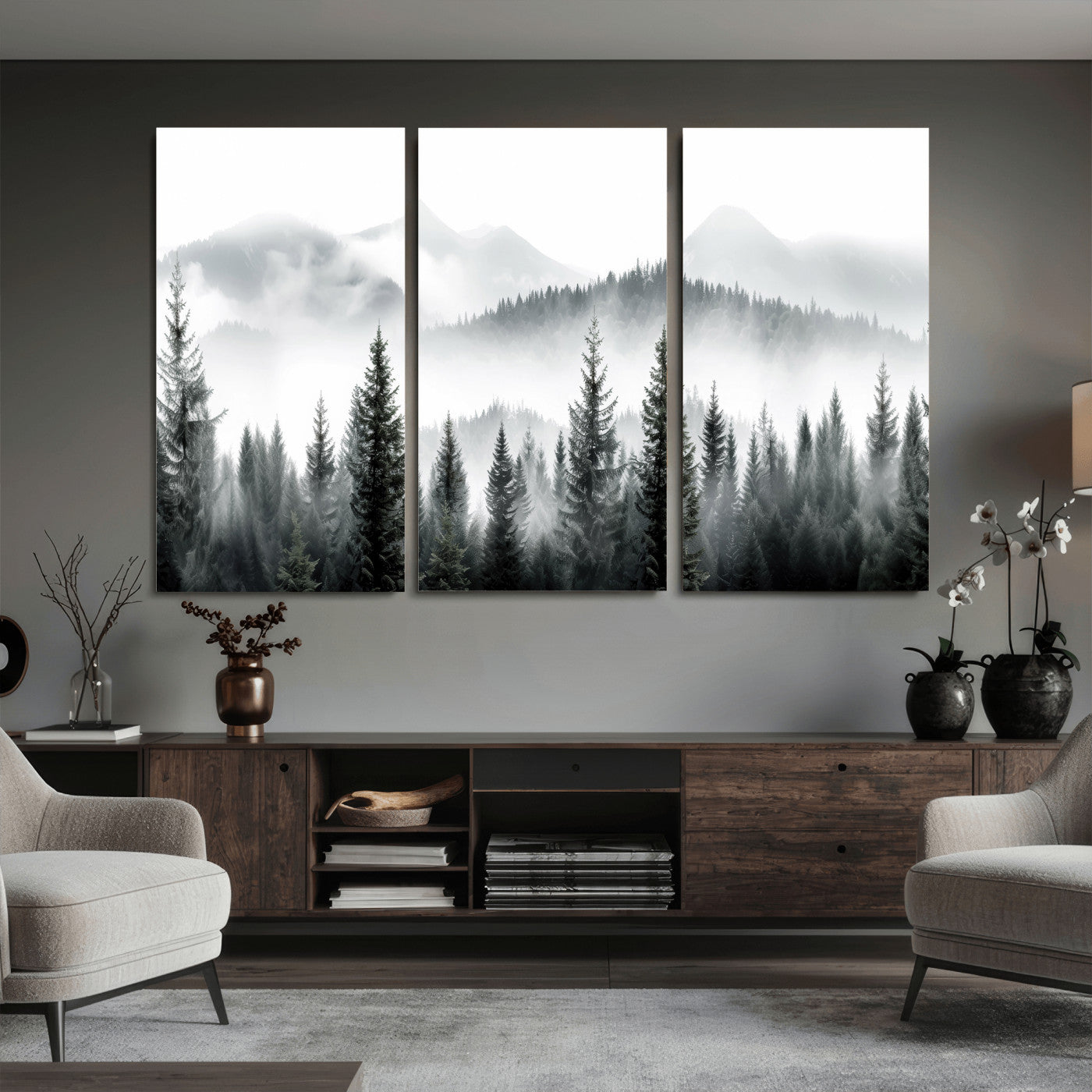 38819032-MGV-CV-36X24 - Misty Pine Forest Mountain Landscape Wall Art Canvas Print, Foggy Evergreen Trees Minimal Nature Canvas Print, Monochrome Wilderness Scenic Art Printing