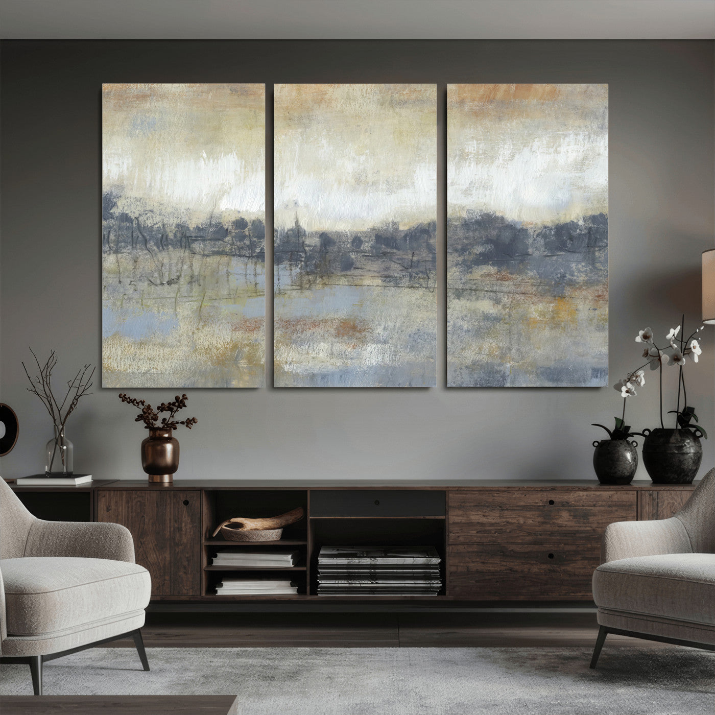 73973590-MGV-CV-36X24 - Abstract Neutral Landscape Painting Wall Art Canvas Print, Modern Minimal Texture Horizon Canvas Print, Beige Gray Contemporary Abstract Art Printing