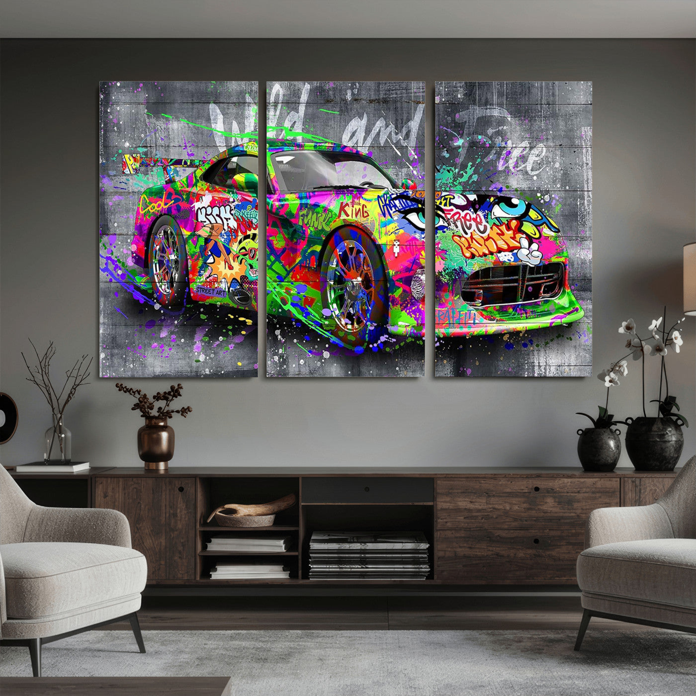 95314968-MGV-CV-36X24 - Graffiti Sports Car Street Art Wall Art Canvas Print, Colorful Urban Supercar Pop Art Canvas Print, Modern Graffiti Car Contemporary Art Printing
