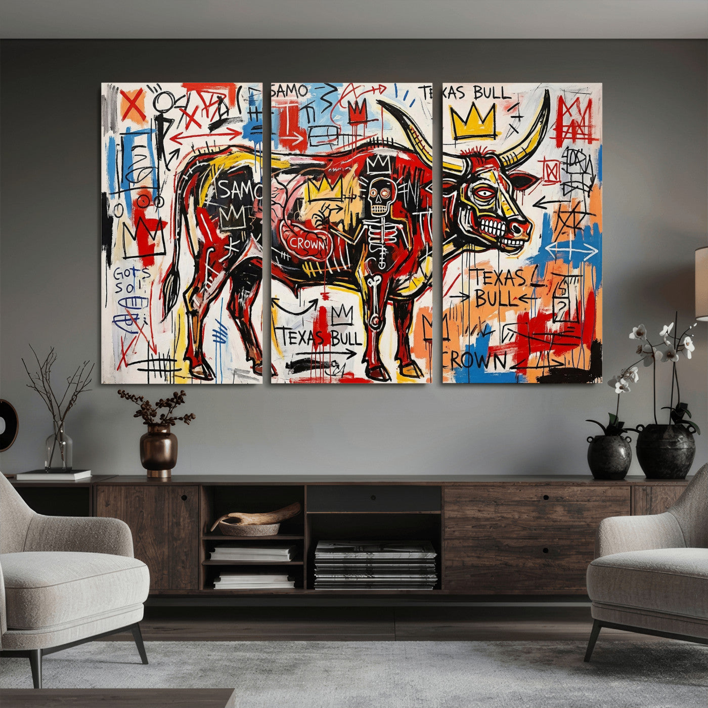 89504579-MGV-CV-36X24 - TITLE: Texas Bull Wall Art Canvas Print, Abstract Graffiti Bull Painting, Western Animal Art, Modern Ranch Decor