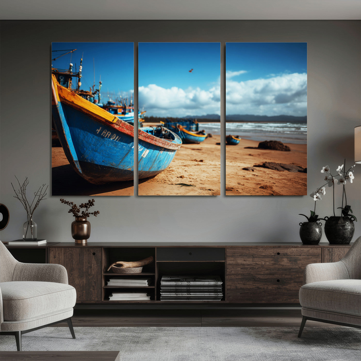70925201-MGV-CV-36X24 - Fishing Boats Wall Art Canvas Print, Coastal Boat Beach Scene, Nautical Seaside Artwork, Ocean Shore Decor, Coastal Home Wall Art