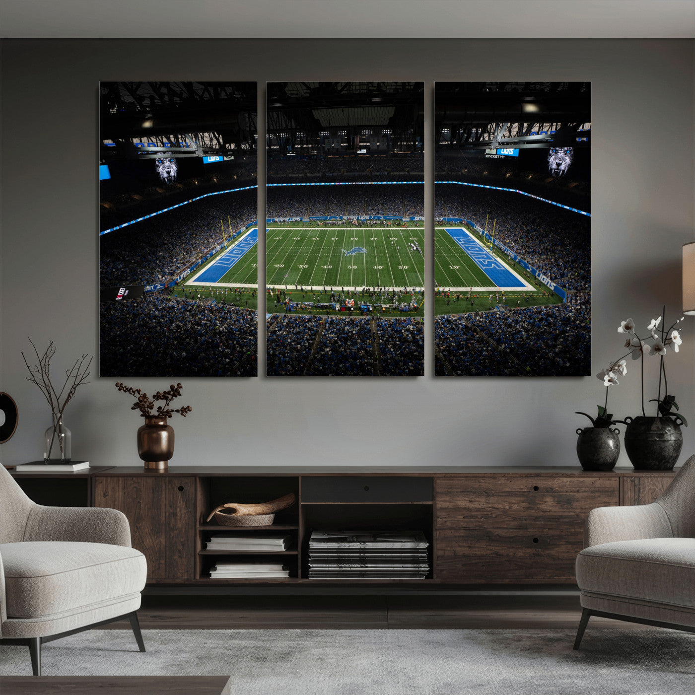 16709602-MGV-CV-36X24 - Detroit Lions Stadium Wall Art Canvas Print, Football Field Panorama Artwork, NFL Game Night Stadium Decor