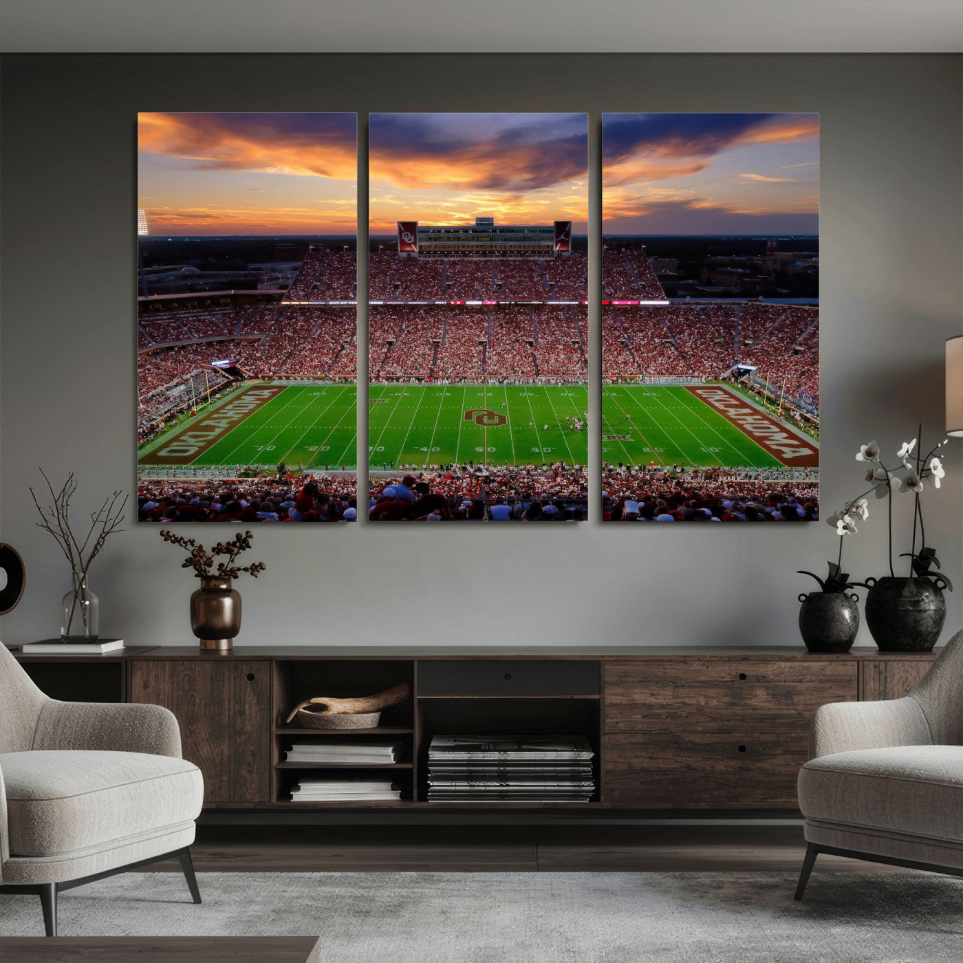 51457497-MGV-CV-36X24 - Oklahoma Sooners Stadium Wall Art Canvas Print, College Football Sunset Game Scene, OU Football Field Panorama Wall Decor