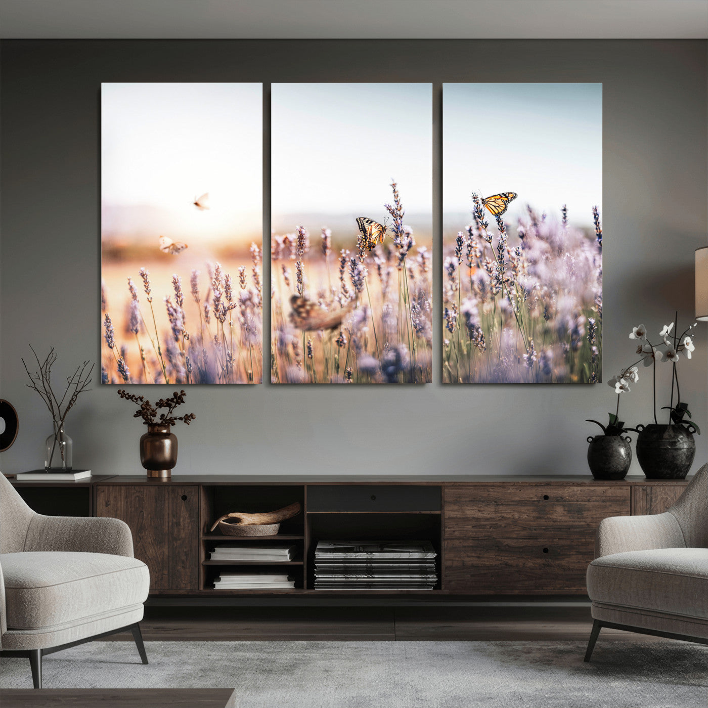 46417478-MGV-CV-36X24 - Lavender Field Wall Art Canvas Print, Butterfly Floral Landscape Art, Soft Nature Wall Decor for Bedroom