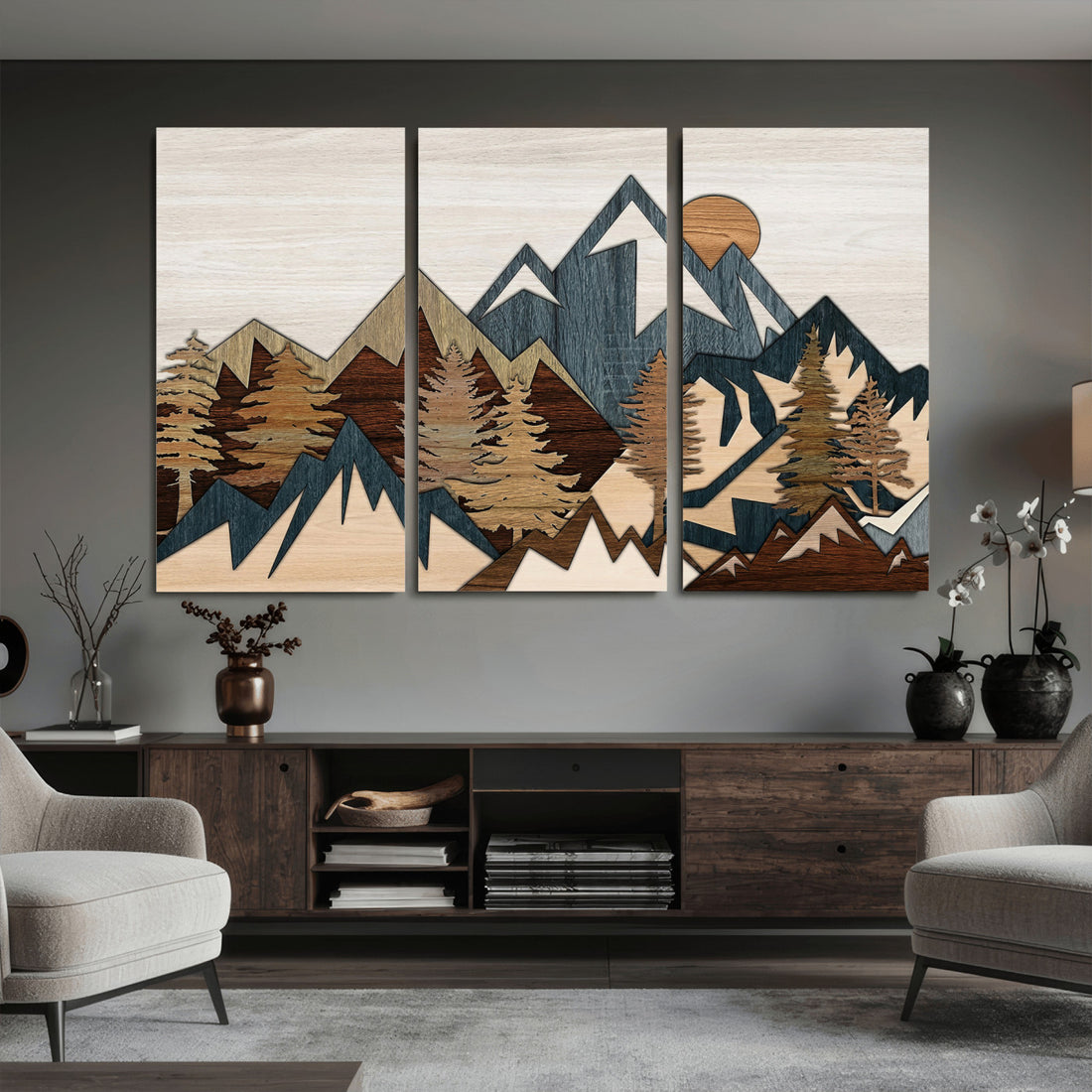 Wood Style Mountain Wall Art Canvas Print, Layered Wood Landscape Artwork
