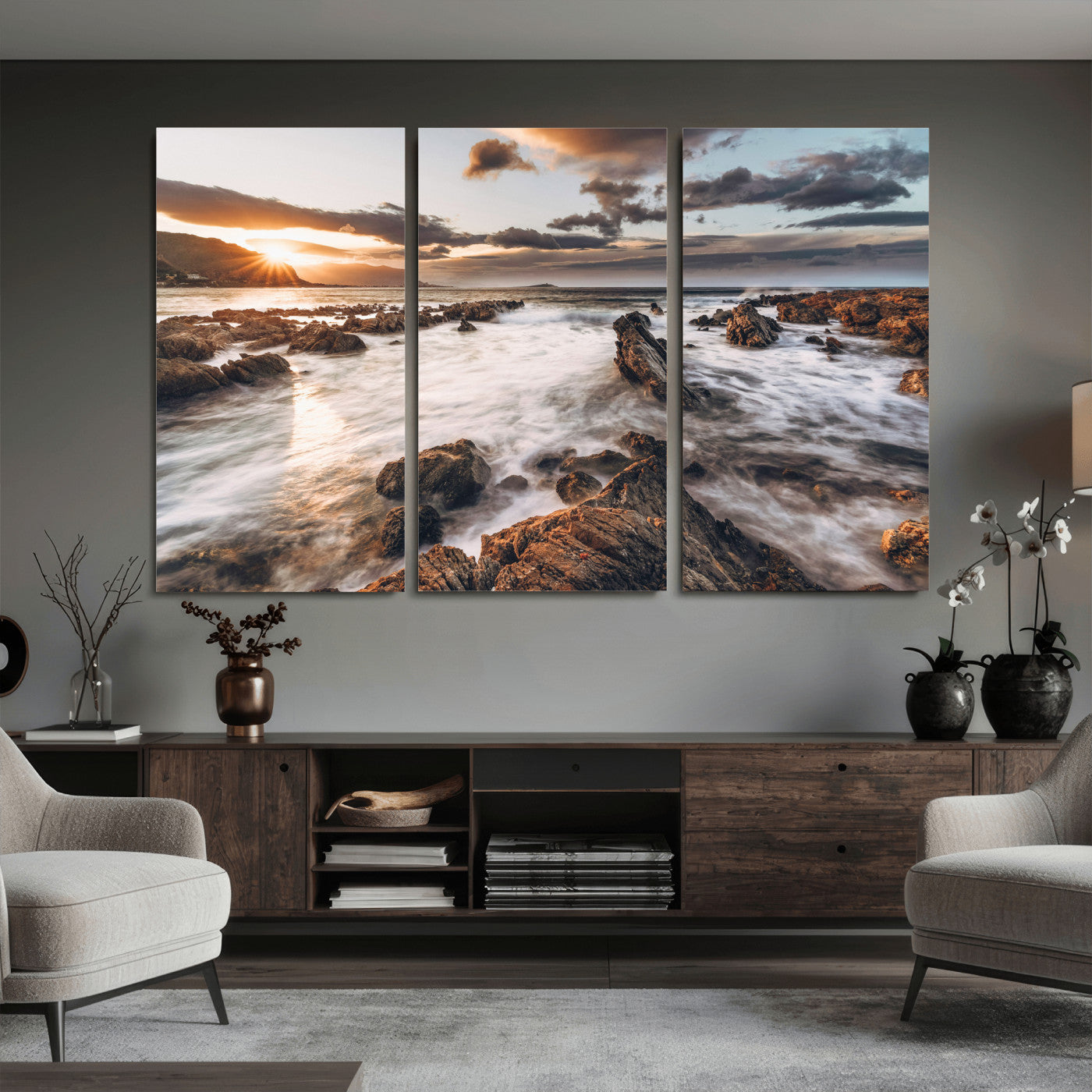 66746024-MGV-CV-36X24 - Rocky Coast Ocean Sunset Wall Art Canvas Print, Dramatic Seascape Nature Wall Decor for Living Room and Office