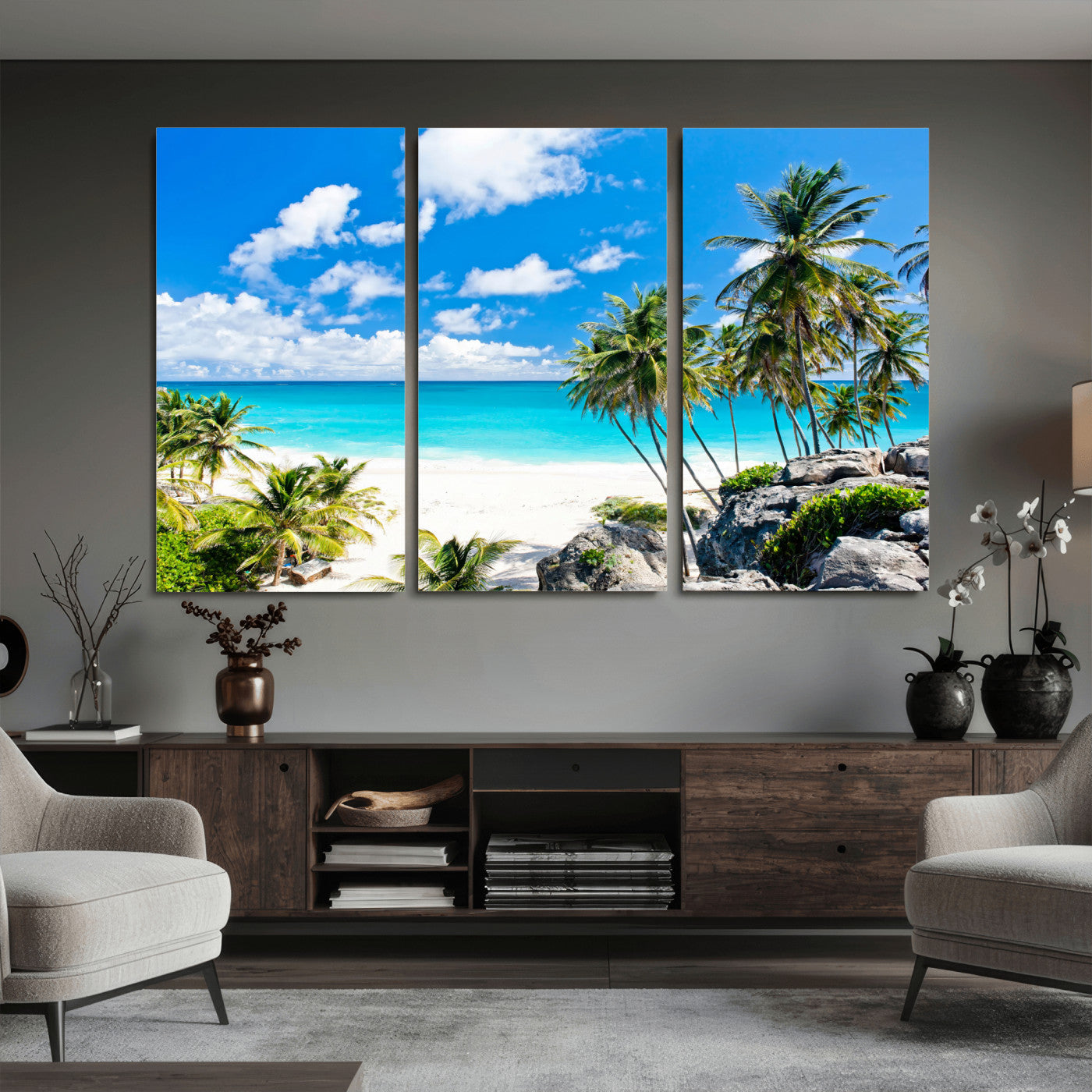 51097197-MGV-CV-36X24 - Tropical Beach Wall Art Canvas Print, Palm Tree Ocean Landscape Photography, Caribbean Coastal Artwork