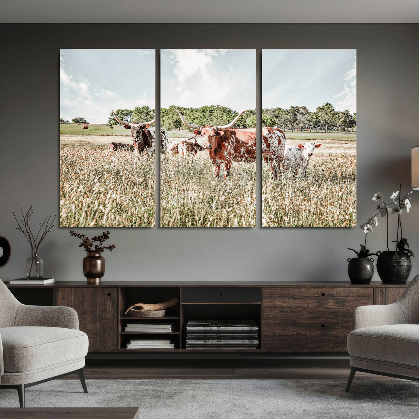 21823552-MGV-CV-36X24 - Texas Longhorn Cattle Wall Art Canvas Print, Rustic Ranch Landscape Artwork, Western Farm Field Scene, Country Prairie Animal Canvas Wall Art
