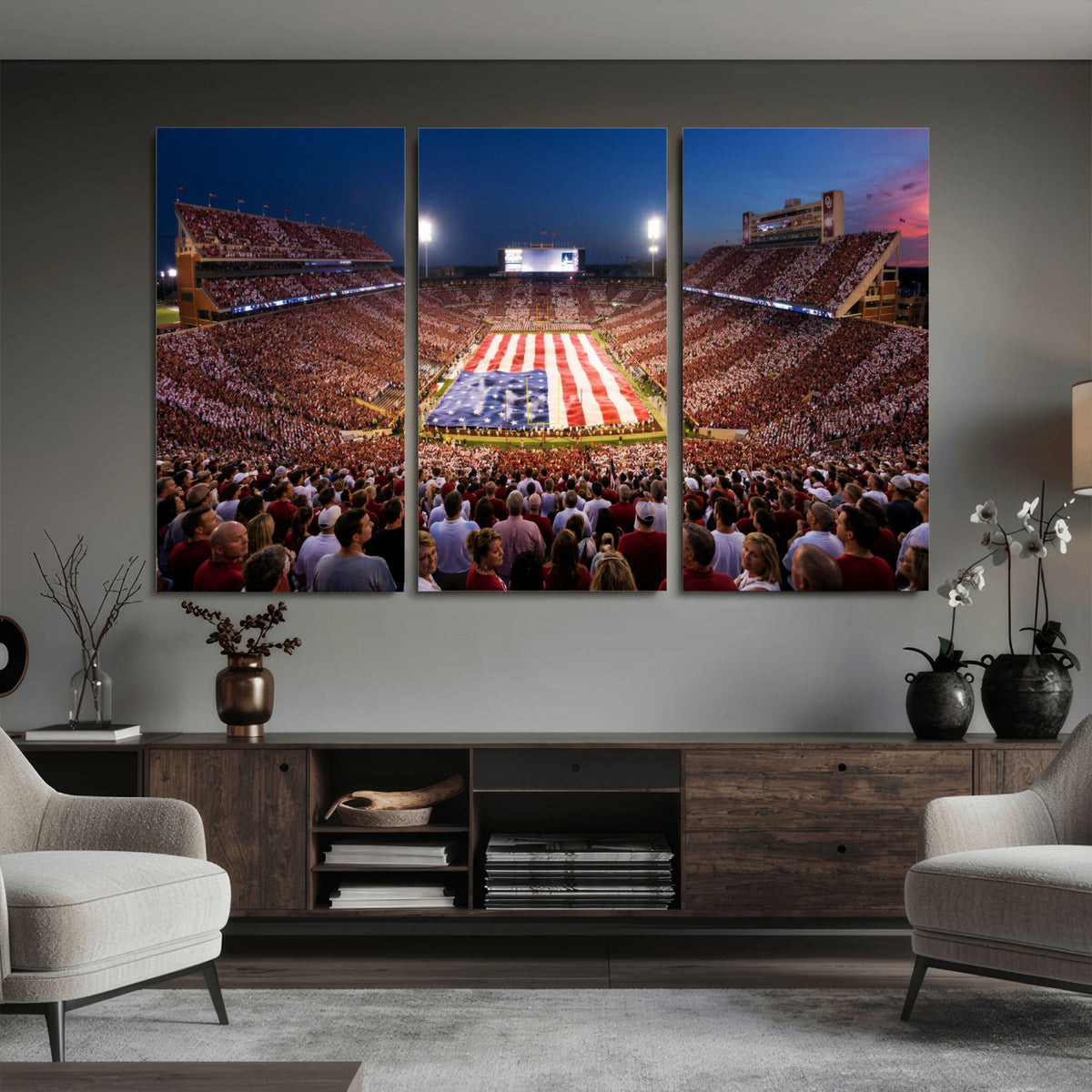 59917418-MGV-CV-36X24 - Oklahoma Memorial Stadium Wall Art Canvas Print – Oklahoma Sooners Football Artwork for Home, Office, and Sports Room Decor