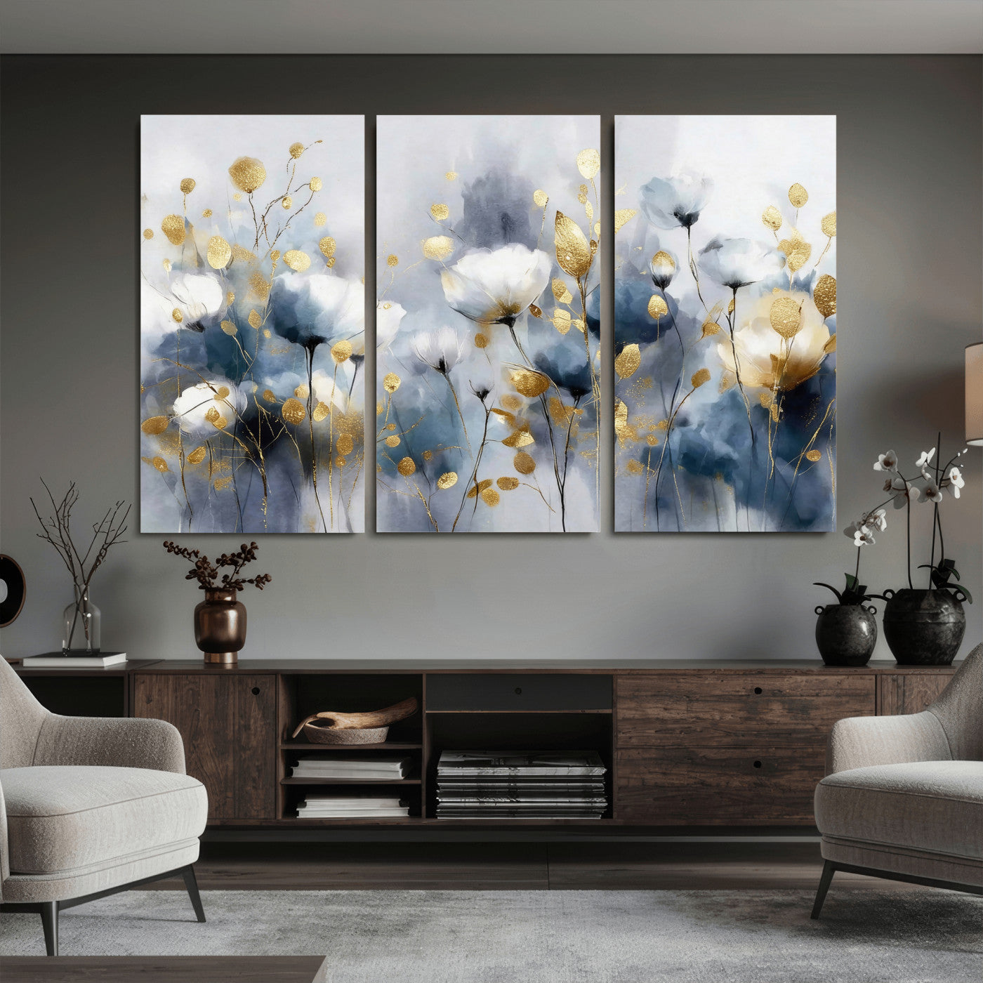 84358857-MGV-CV-36X24 - Large Abstract Flowers Wall Art Canvas Print – Gold and Blue Botanical Artwork for Living Room, Bedroom, and Office Decor