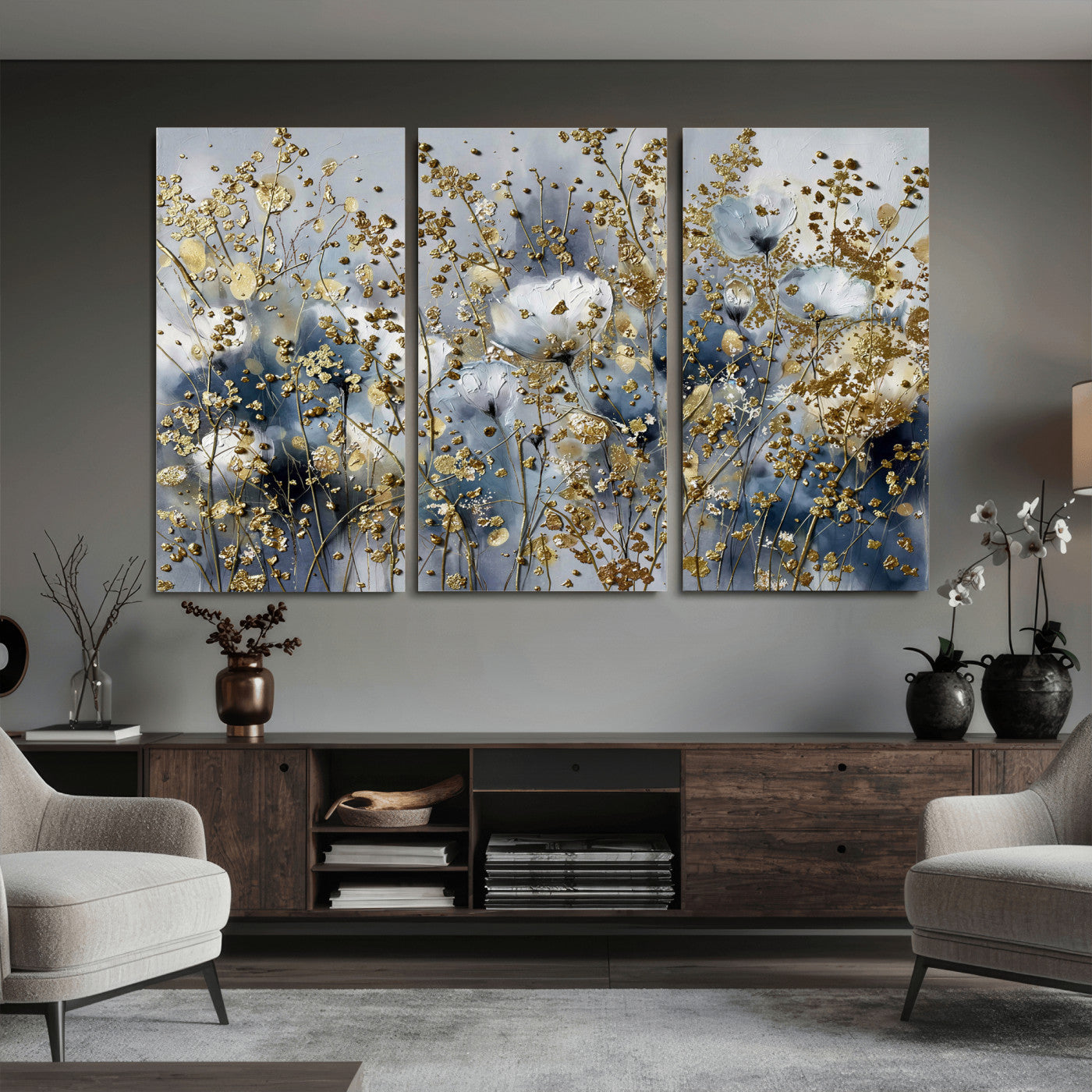 24499670-MGV-CV-36X24 - Abstract Floral Wall Art Canvas Print – Gold and Blue Botanical Artwork for Living Room, Bedroom, and Office Decor