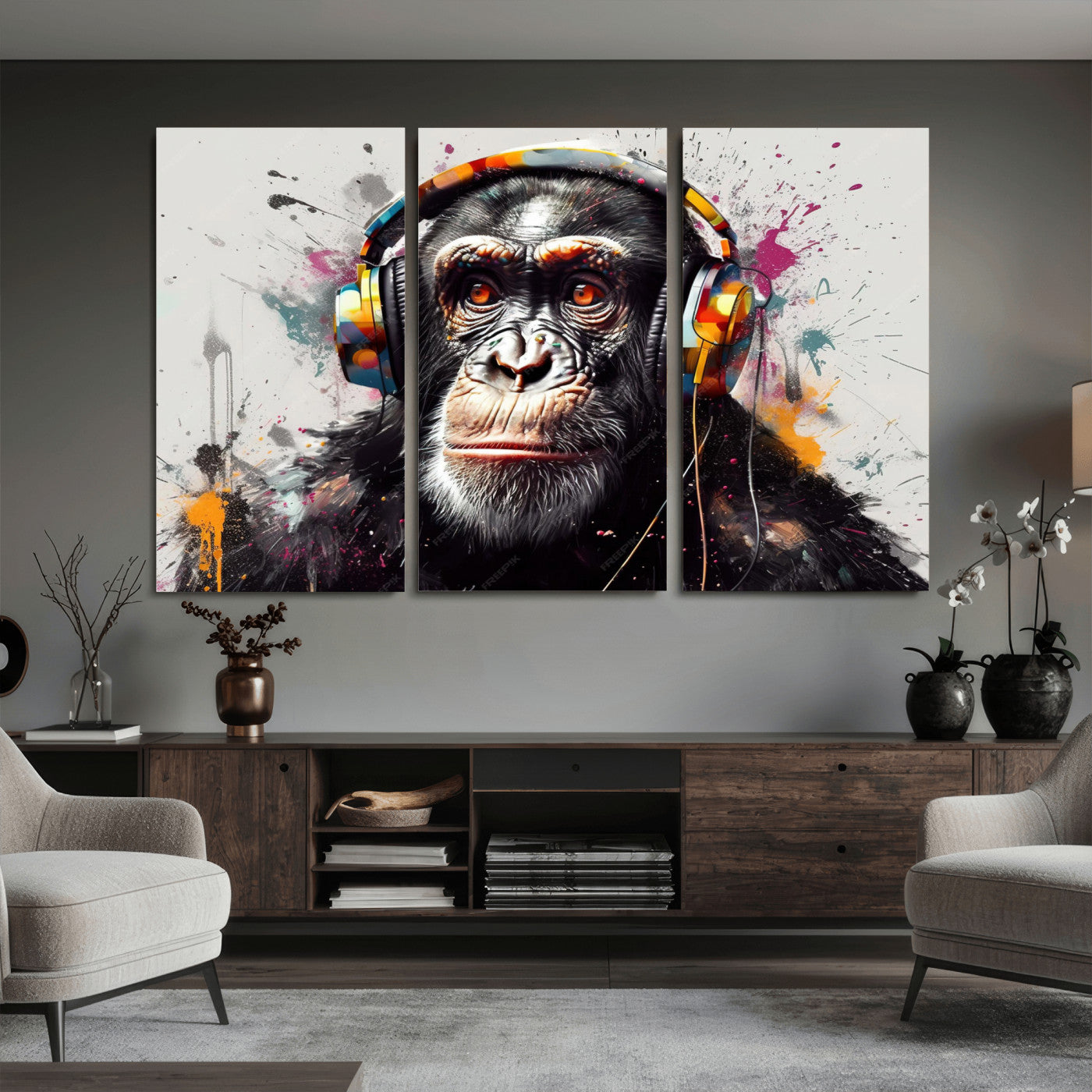 31244985-MGV-CV-36X24 - Dj Monkey Wall Art Canvas Print – Colorful Pop Art Banksy Graffiti Chimpanzee Print