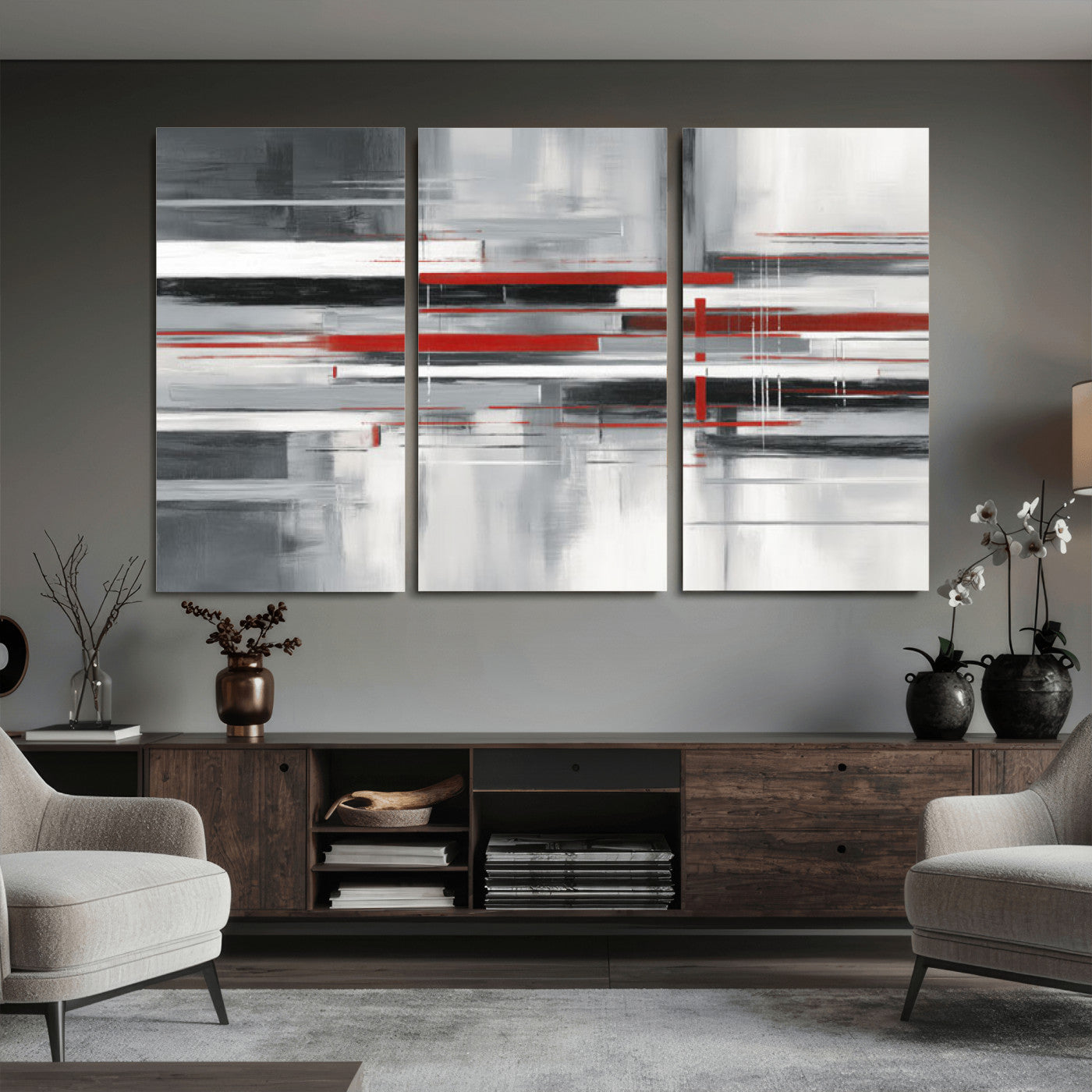 62640681-MGV-CV-36X24 - Gray Red Abstract Wall Art Canvas Print, Modern Abstract Canvas Wall Decor for Contemporary Living Room and Office