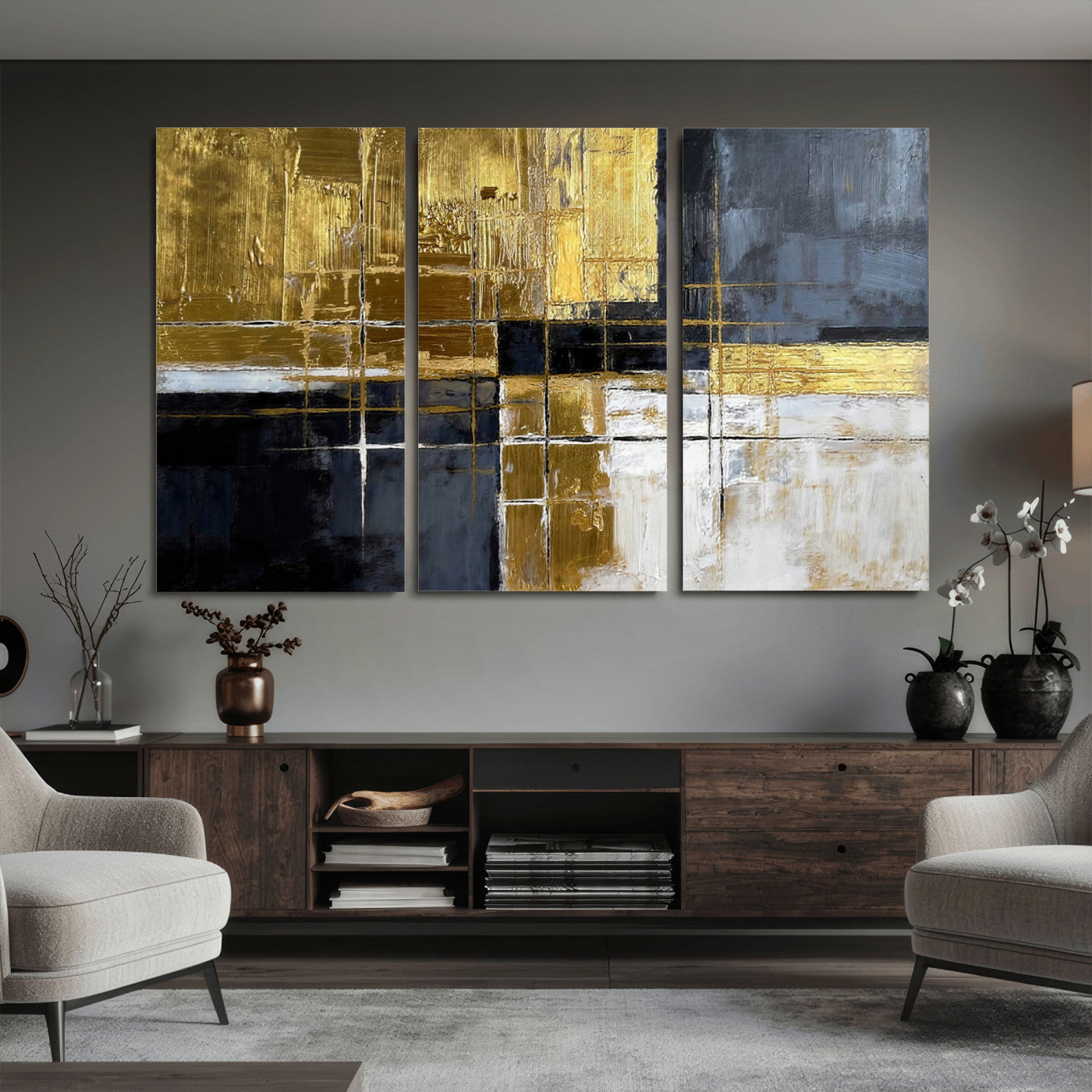 76917030-MGV-CV-36X24 - Gold Navy Abstract Wall Art Canvas Print, Modern Luxury Geometric Painting Wall Decor for Living Room and Office