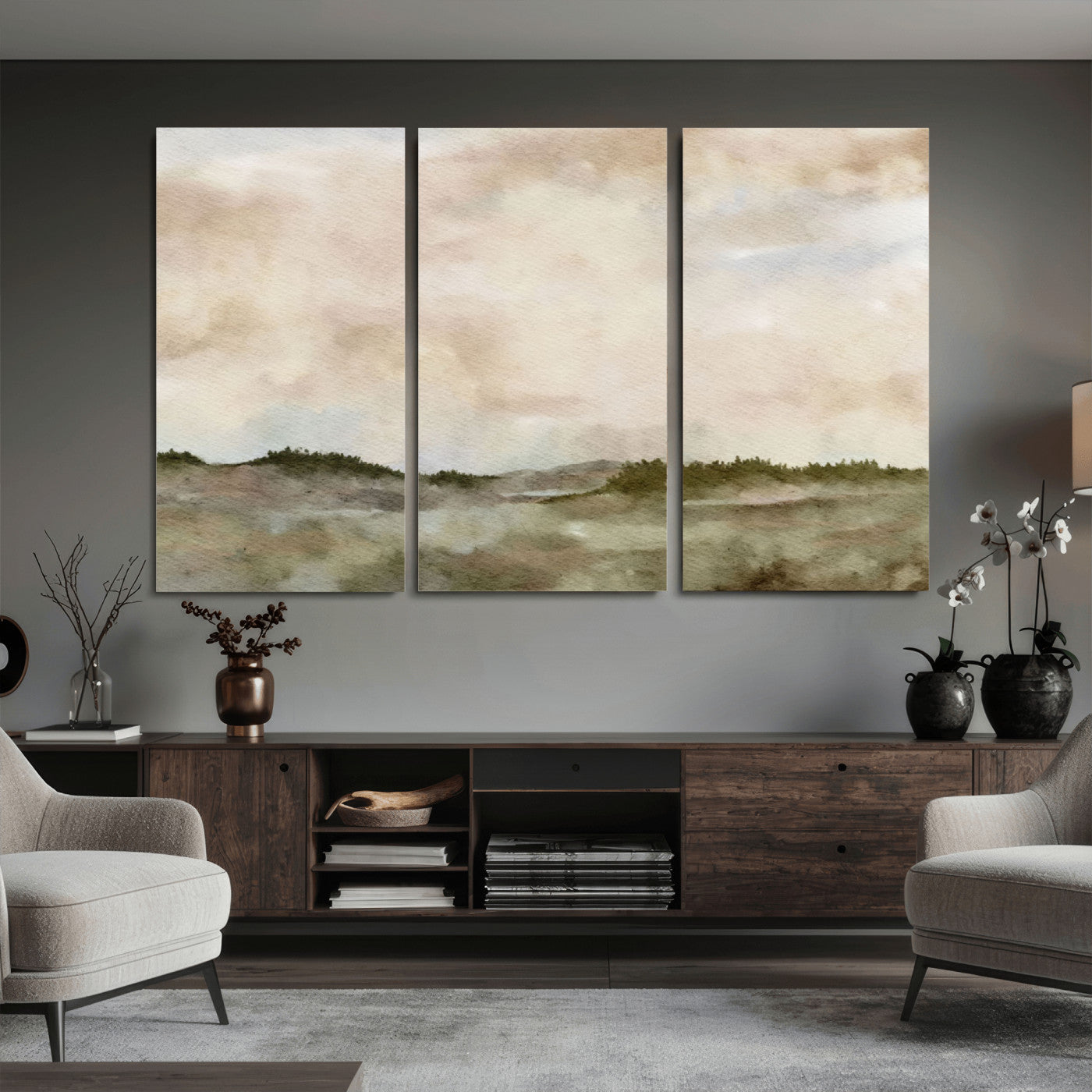 13578069-MGV-CV-36X24 - Abstract Landscape Wall Art Canvas Print, Watercolor Pastoral Landscape Painting Wall Decor for Modern Farmhouse Interiors