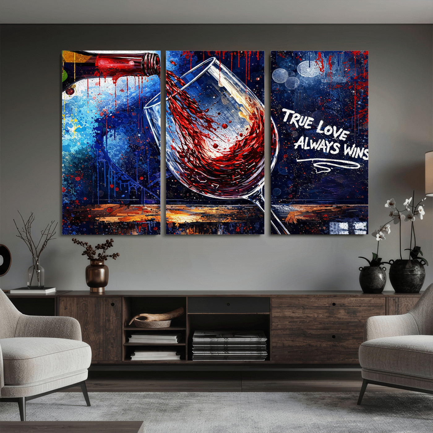 88788932-MGV-CV-36X24 - Red Wine Splash Abstract Wall Art Canvas Print, Modern Wine Glass Painting Canvas Print, Romantic Quote Contemporary Bar Art Print