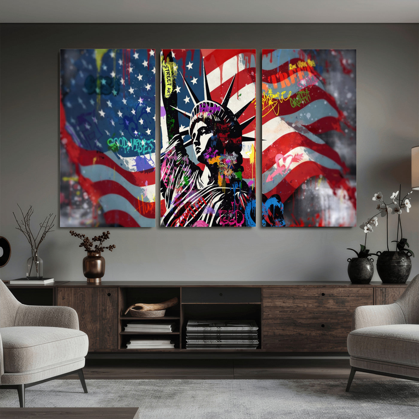 32151941-MGV-CV-36X24 - USA Statue of Liberty Graffiti Street Art Wall Art Canvas Print, American Flag Urban Pop Art Canvas Print, Modern Patriotic Street Art Contemporary Art Printing