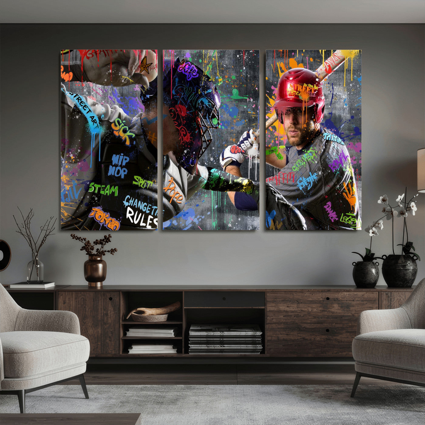 19634994-MGV-CV-36X24 - Graffiti Baseball Player Street Art Wall Art Canvas Print, Urban Sports Pop Art Baseball Canvas Print, Modern Athletic Graffiti Contemporary Art Printing