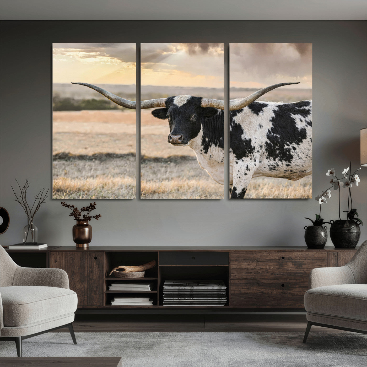 49350433-MGV-CV-36X24 - Texas Longhorn Bull Rustic Wall Art Canvas Print, Western Cattle Photography Canvas Print, Ranch Farm Animal Western Art Printing