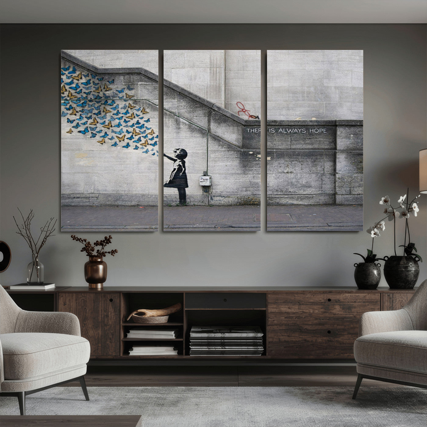 15274223-MGV-CV-36X24 - Banksy Girl with Butterflies Street Art Wall Art Canvas Print, Hope Graffiti Urban Art Canvas Print, Minimalist Inspirational Street Art Contemporary Art Printing