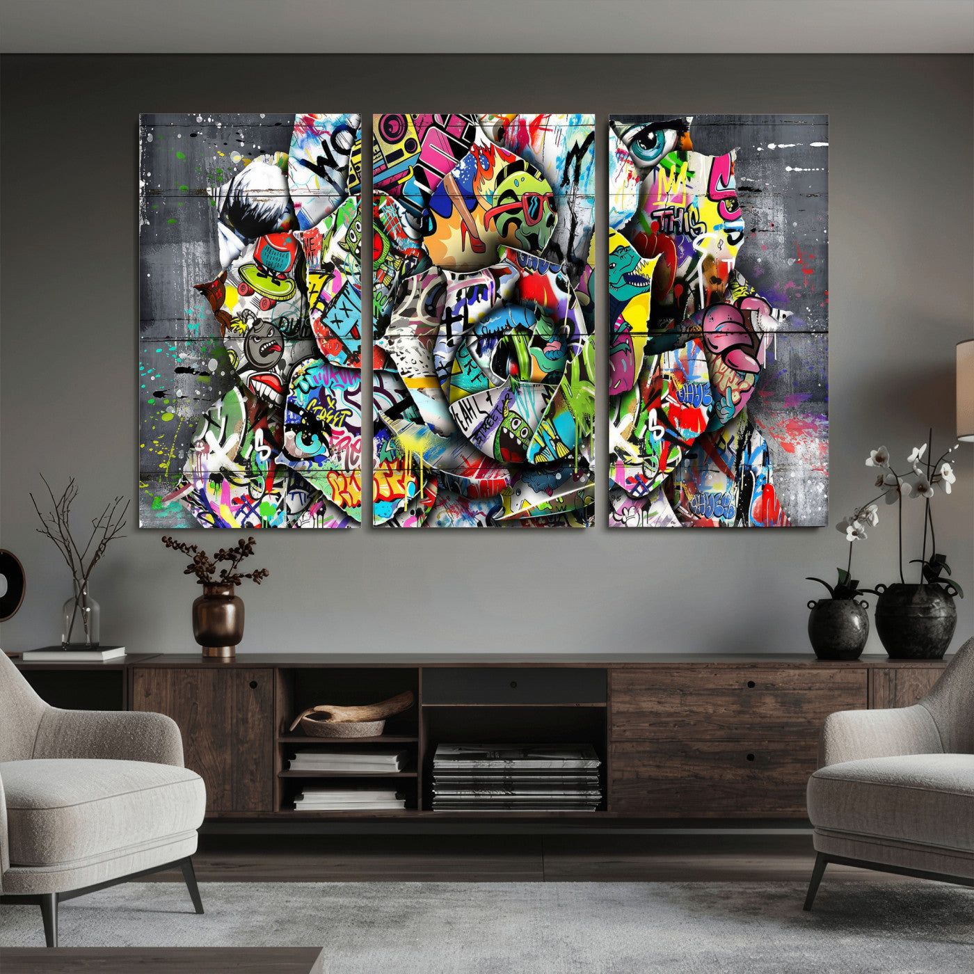 77553344-MGV-CV-36X24 - Abstract Graffiti Collage Street Art Wall Art Canvas Print, Colorful Urban Pop Art Canvas Print, Modern Graffiti Patchwork Contemporary Art Printing