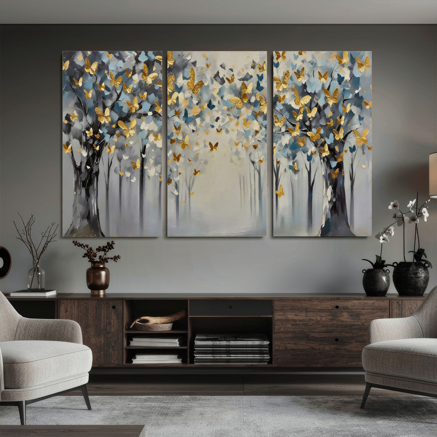 79208191-MGV-CV-36X24 - Golden Butterfly Tree Abstract Wall Art Canvas Print, Modern Elegant Nature Painting Canvas Print, Blue Gold Contemporary Floral Art Printing