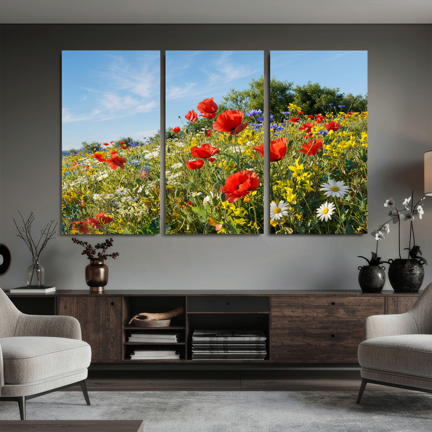 38570784-MGV-CV-36X24 - Wildflower Meadow Wall Art Canvas Print – Colorful Poppy and Daisy Field Landscape Artwork for Living Room Decor