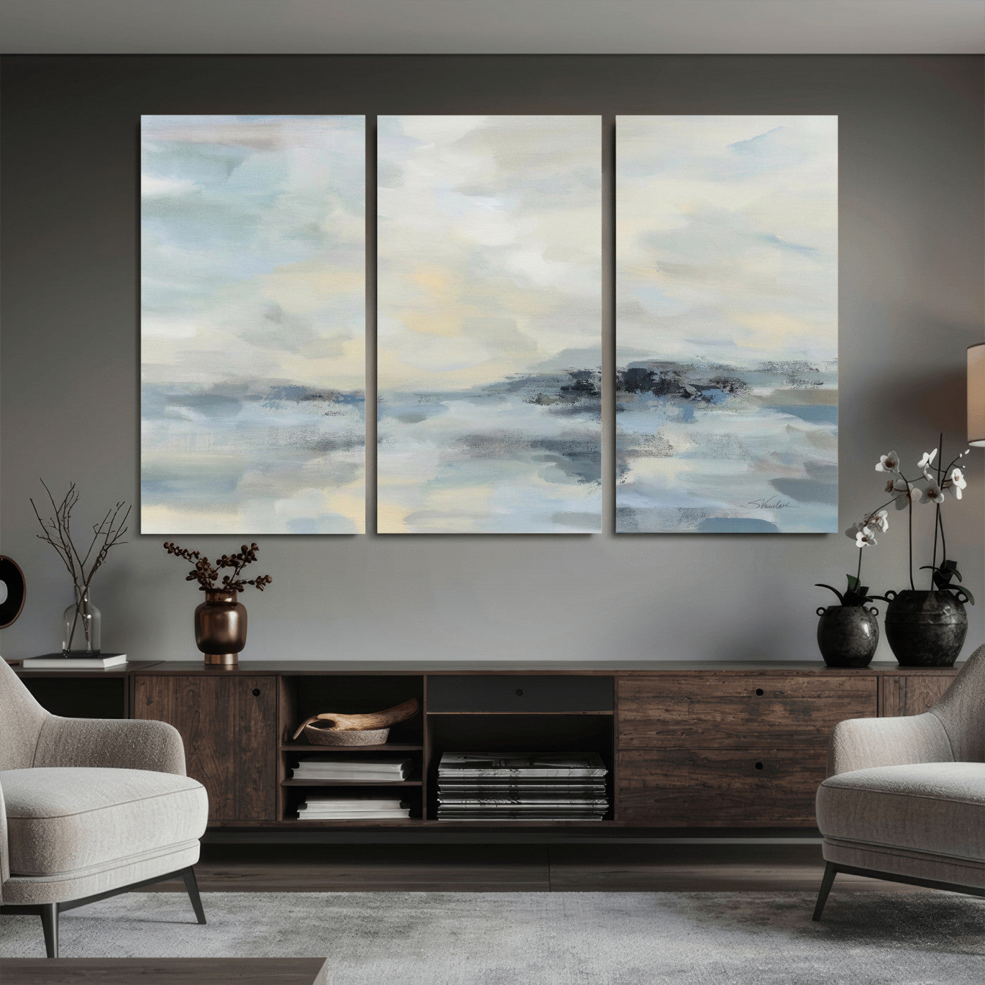 24647355-MGV-CV-36X24 - Abstract Coastal Landscape Wall Art Canvas Print – Soft Blue Gray Minimalist Painting