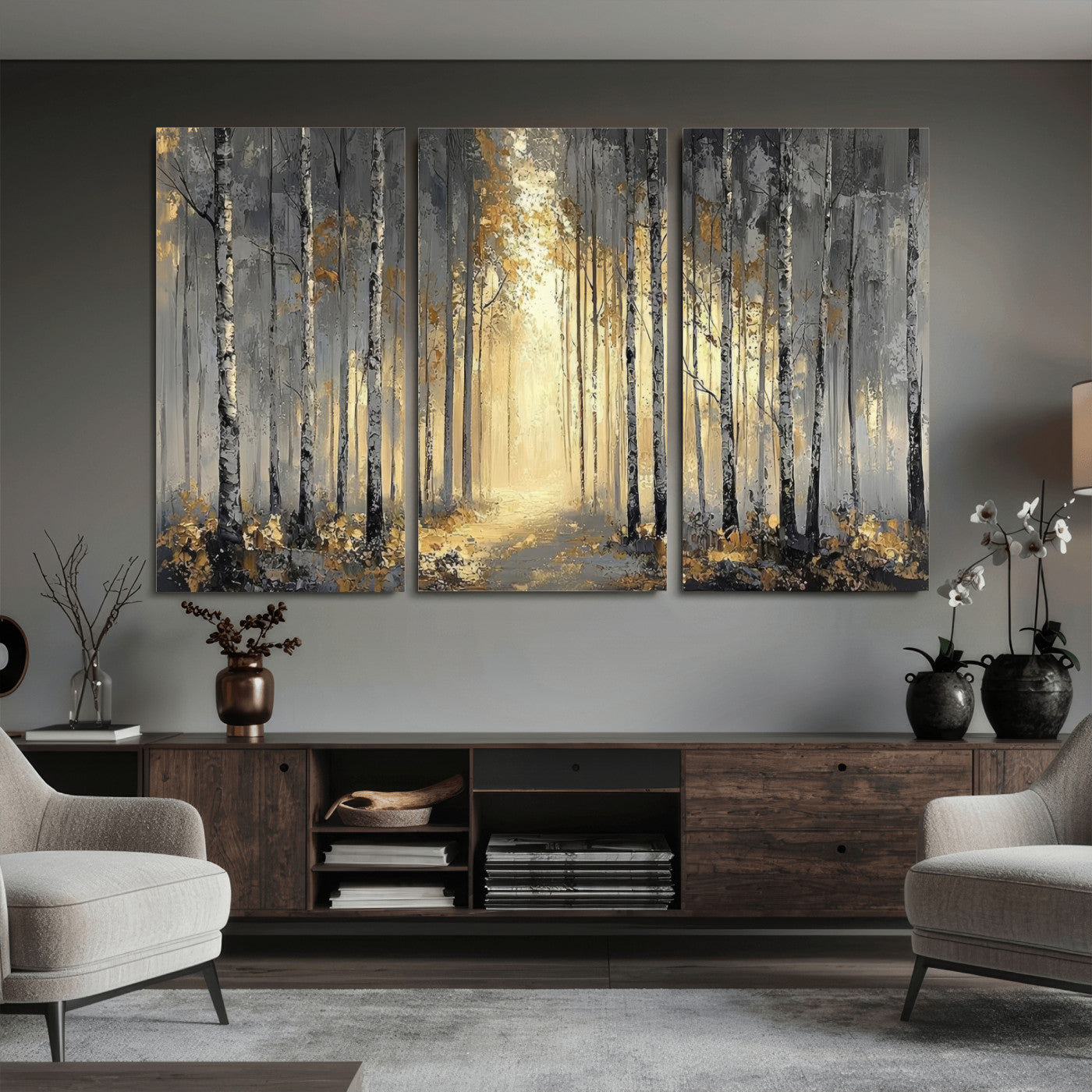 41017042-MGV-CV-36X24 - Abstract Birch Forest Wall Art Canvas Print – Modern Neutral Woodland Landscape Artwork for Living Room Decor