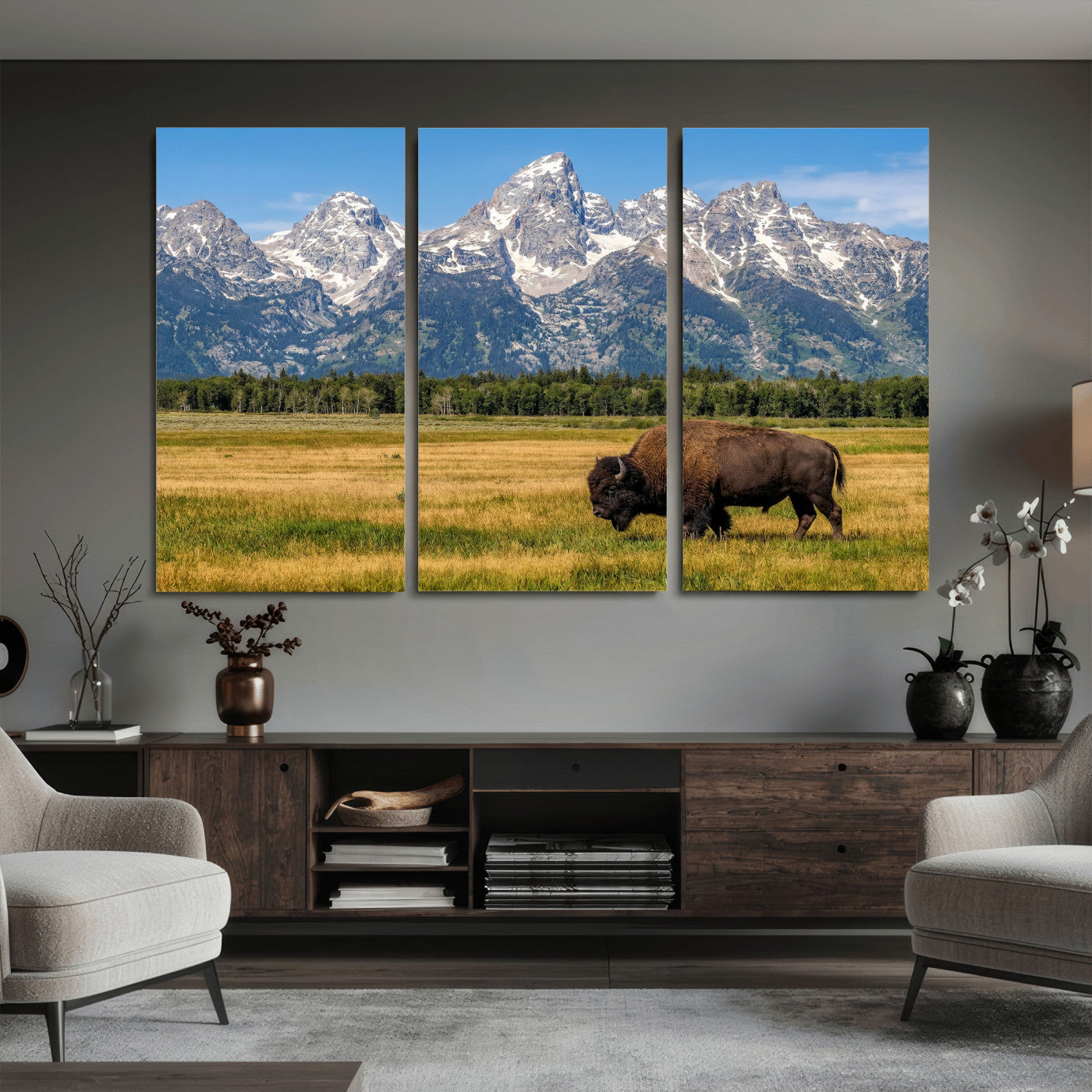20424529-MGV-CV-36X24 - Bison in Mountain Landscape Wall Art Canvas Print – Western Wildlife Artwork for Rustic Living Room Decor