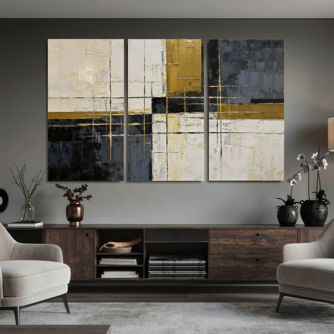 36097945-MGV-CV-36X24 - Abstract Gold and Black Wall Art Canvas Print – Modern Geometric Neutral Artwork for Living Room Decor